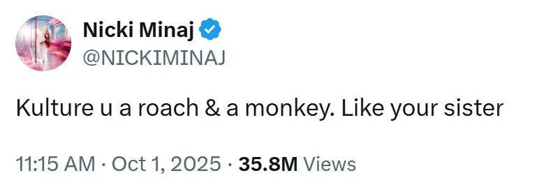 10月1日，42岁的嘻哈女歌手 Nicki Minaj 在网上辱骂7岁小女孩 C