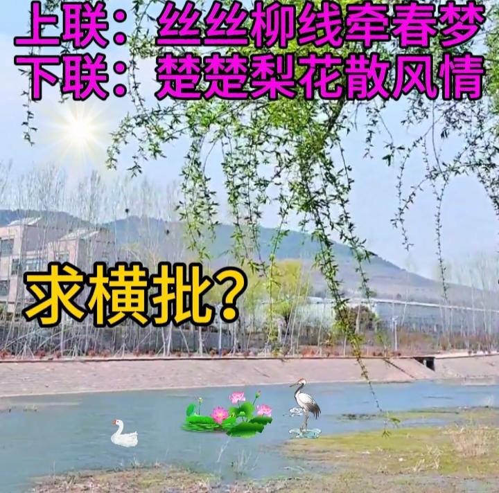 下联：楚楚梨花散风情。清风邀上联上联：丝丝柳线牵春梦