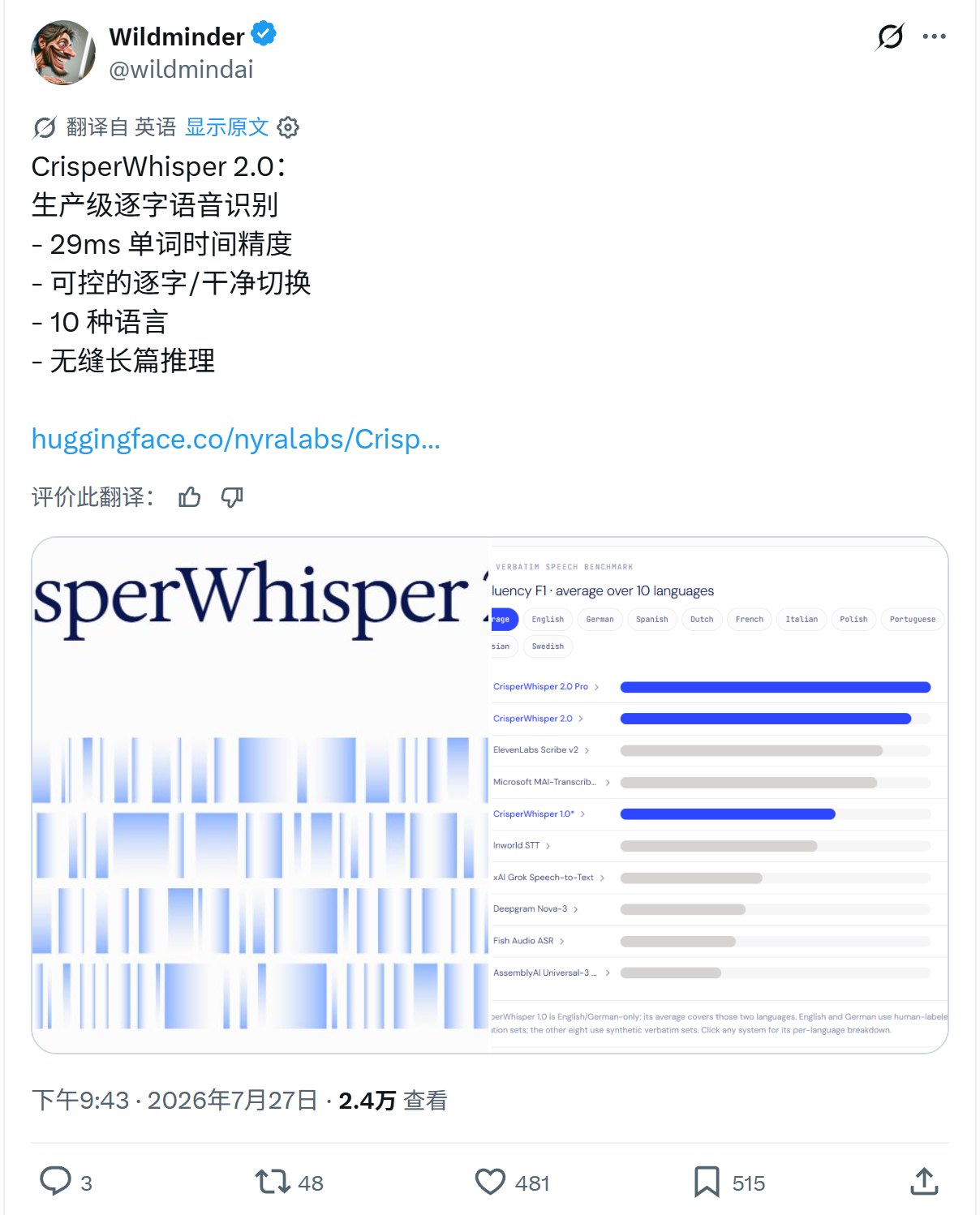 CrisperWhisper 2.0：生产级逐字语音识别- 29ms 单词时间精