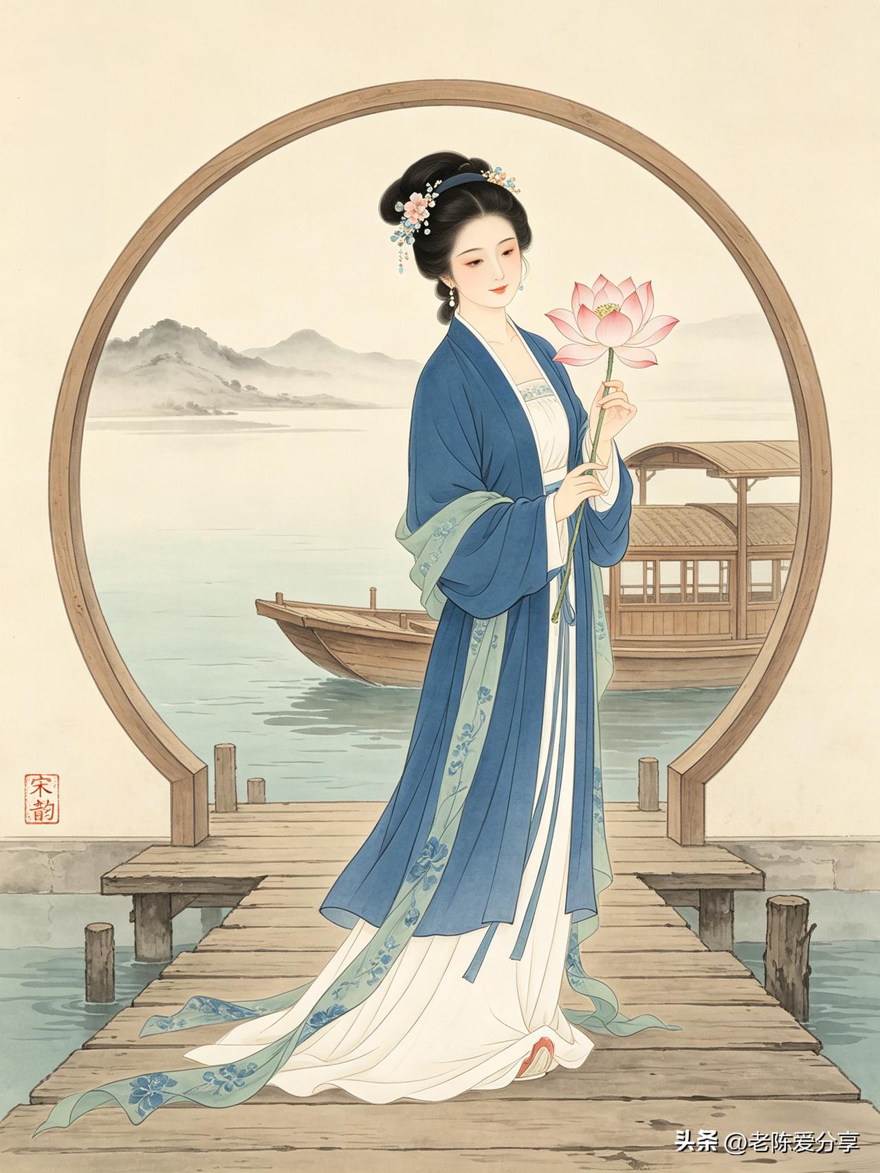 鹧鸪天·荷畔佳人

翠袖蓝衫映碧塘，粉荷轻举韵悠长。
云鬟斜簪花含露，玉立桥头意