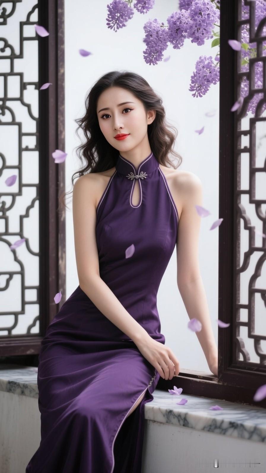 ✨紫色挂脖旗袍｜东方温婉氛围感💜
紫丁香落满古窗🪟
挂脖剪裁露出优雅肩颈
深