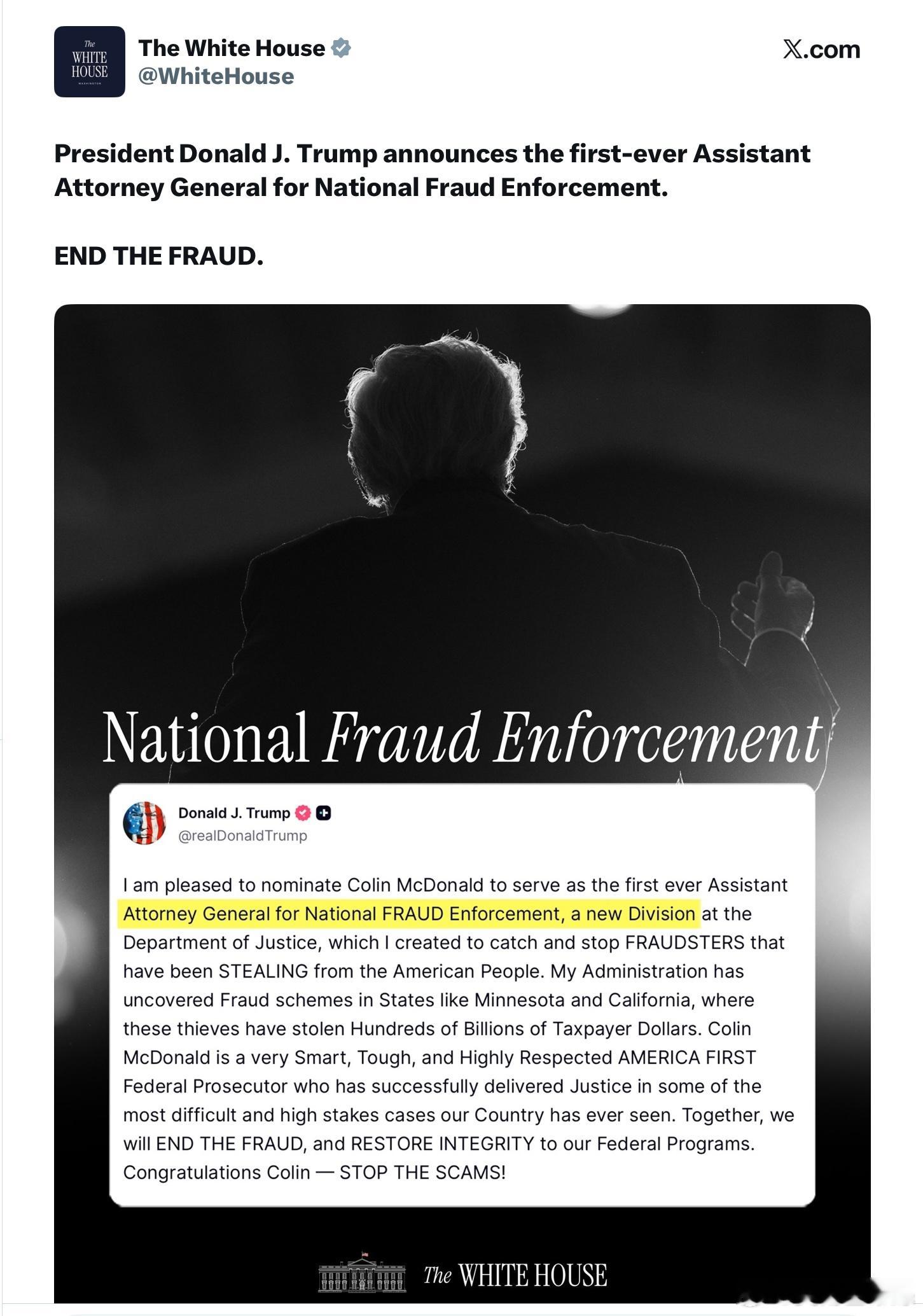 川普總統宣佈任命了美國歷史上第一個專門針對欺詐案件調查的司法部副部長。川普總統：
