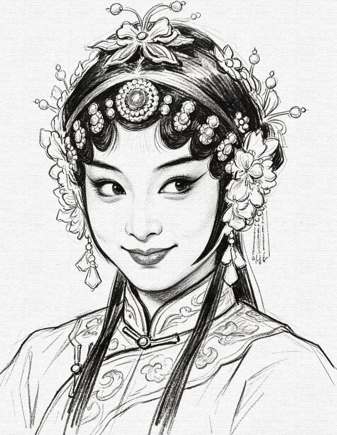 素材|戏曲人物白描线稿16图
眉眼如画，头饰繁复，一袭古装勾勒出古典美人温婉又灵