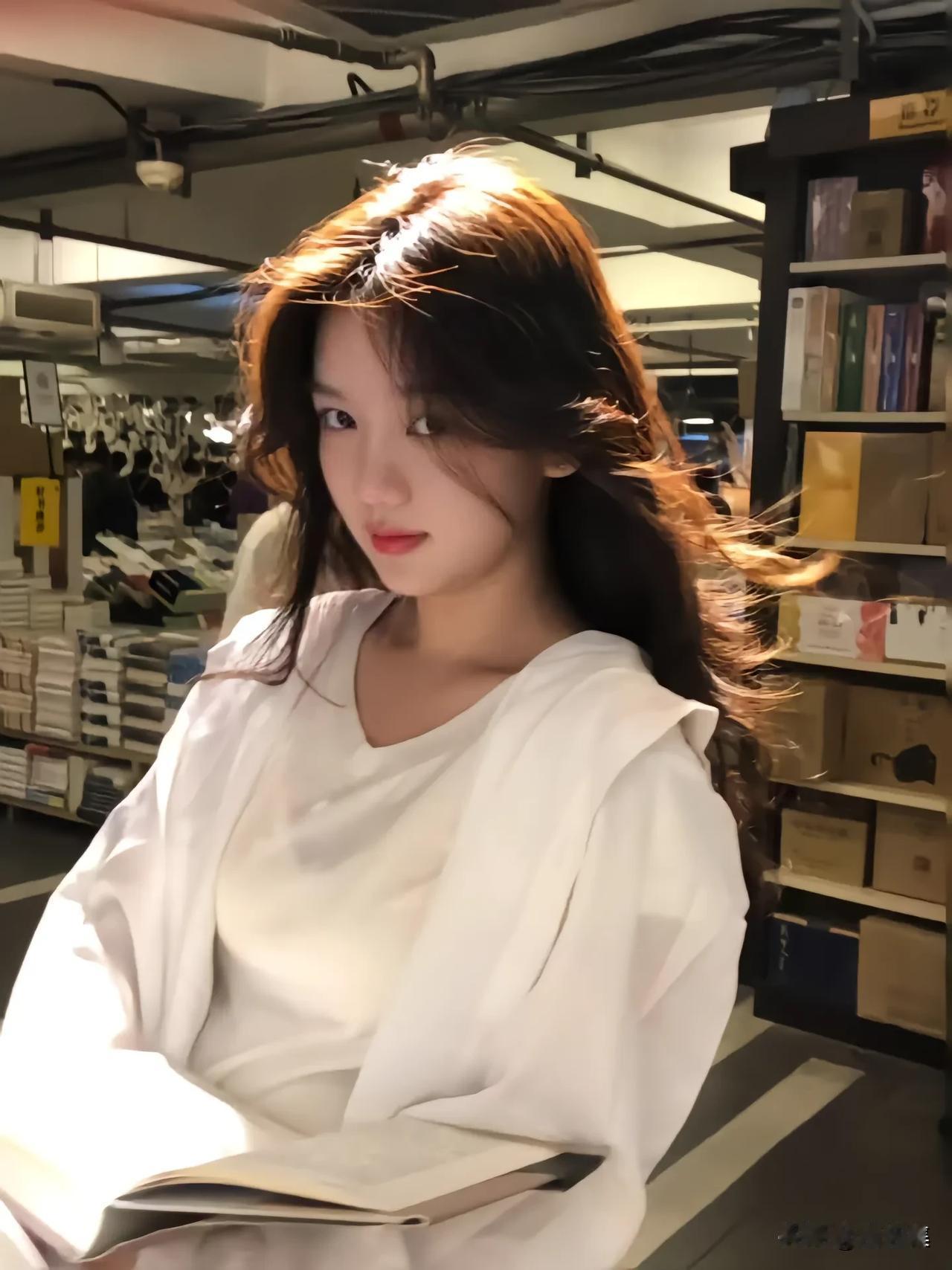 长发姑娘在书店翻书，阳光照耀。