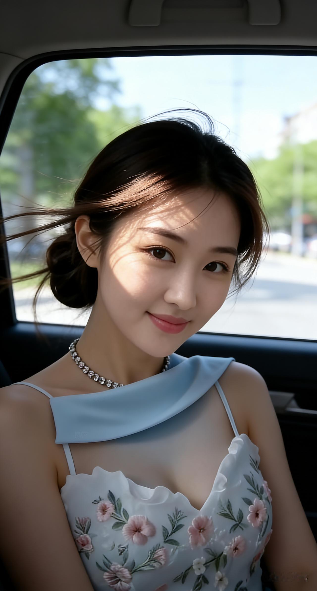 车内慵懒随拍，窗外绿意街景清新朦胧，发丝被微风轻拂，光影落在脸颊。看向镜头笑容明