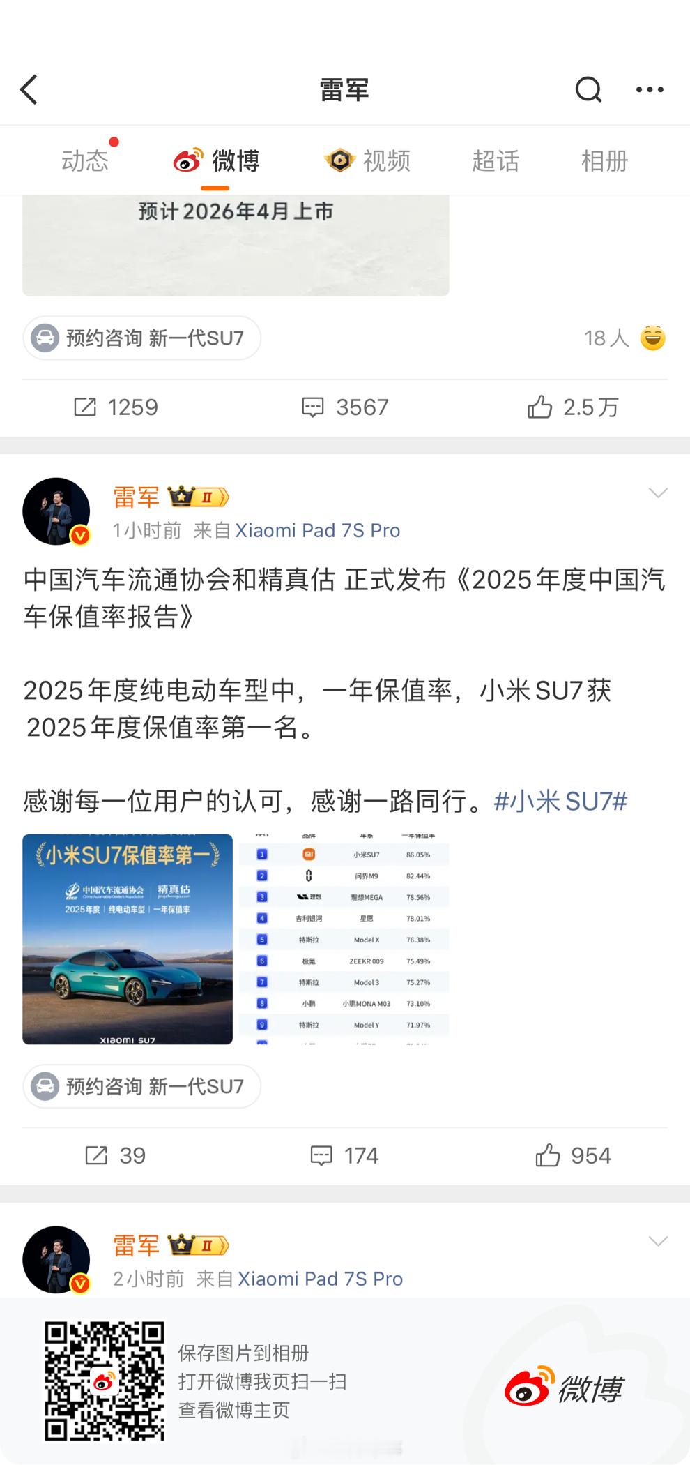 说实话，SU7保值率能排第一不意外。产品力在那儿，订单多、认知高，自然抗跌。雷军