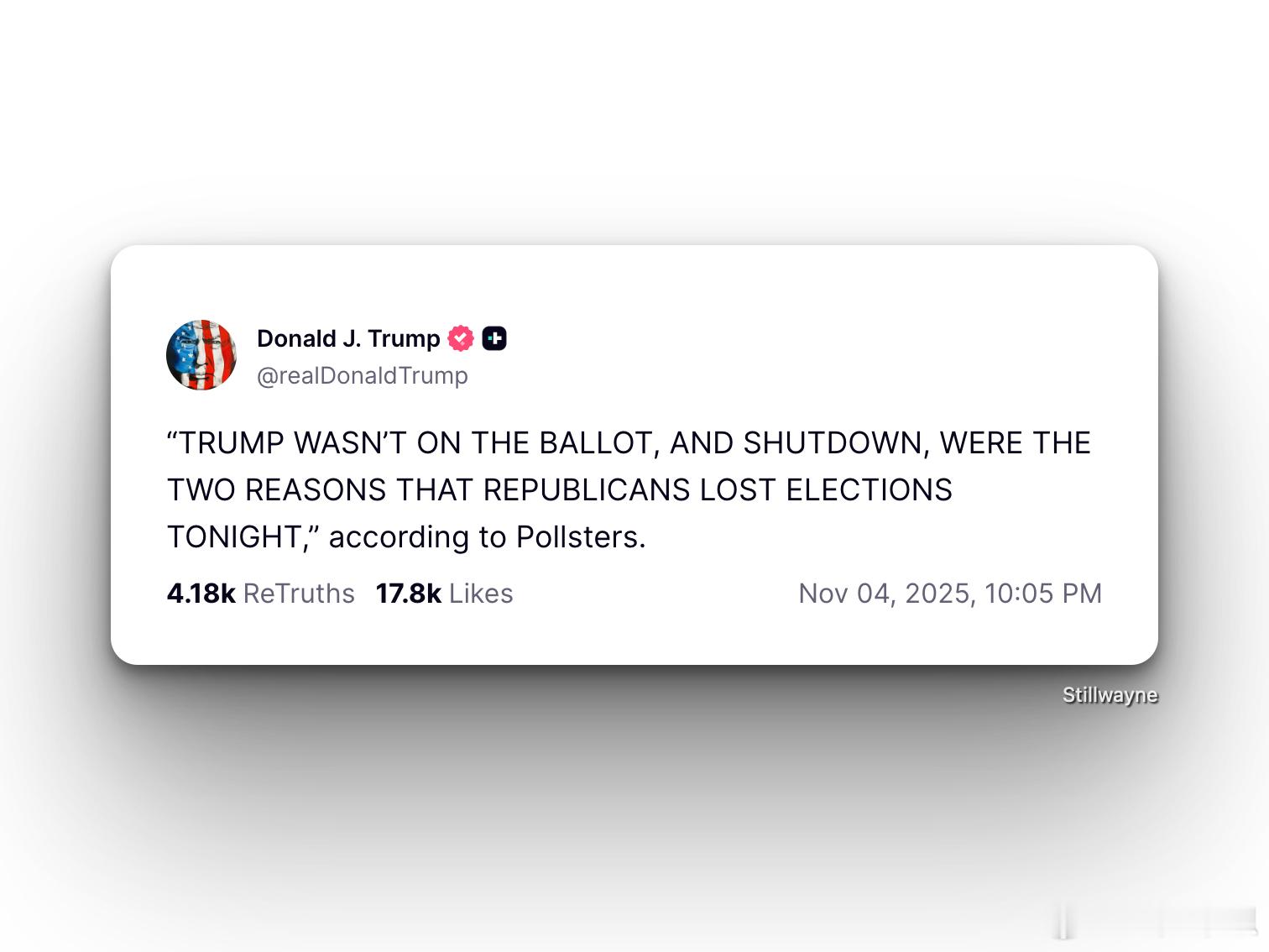 特朗普不服气昨天民主党在几个关键选举中的大胜：那是因为特朗普没在选票上特朗普发布