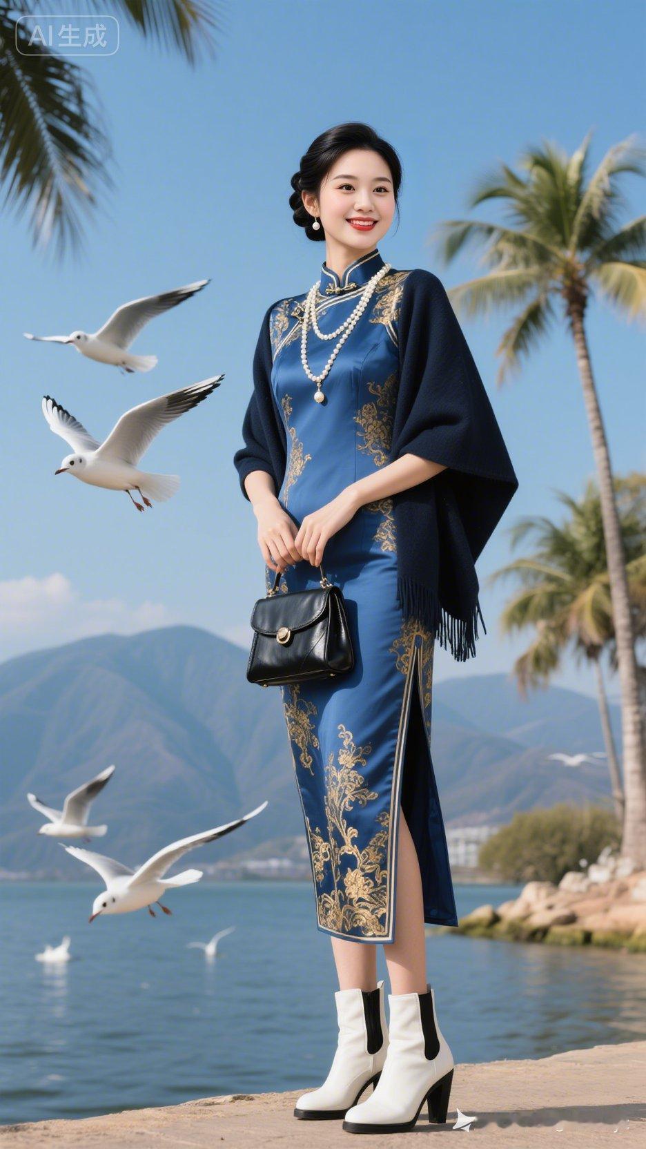 优雅的海边穿搭，复古旗袍与现代元素的完美结合。
