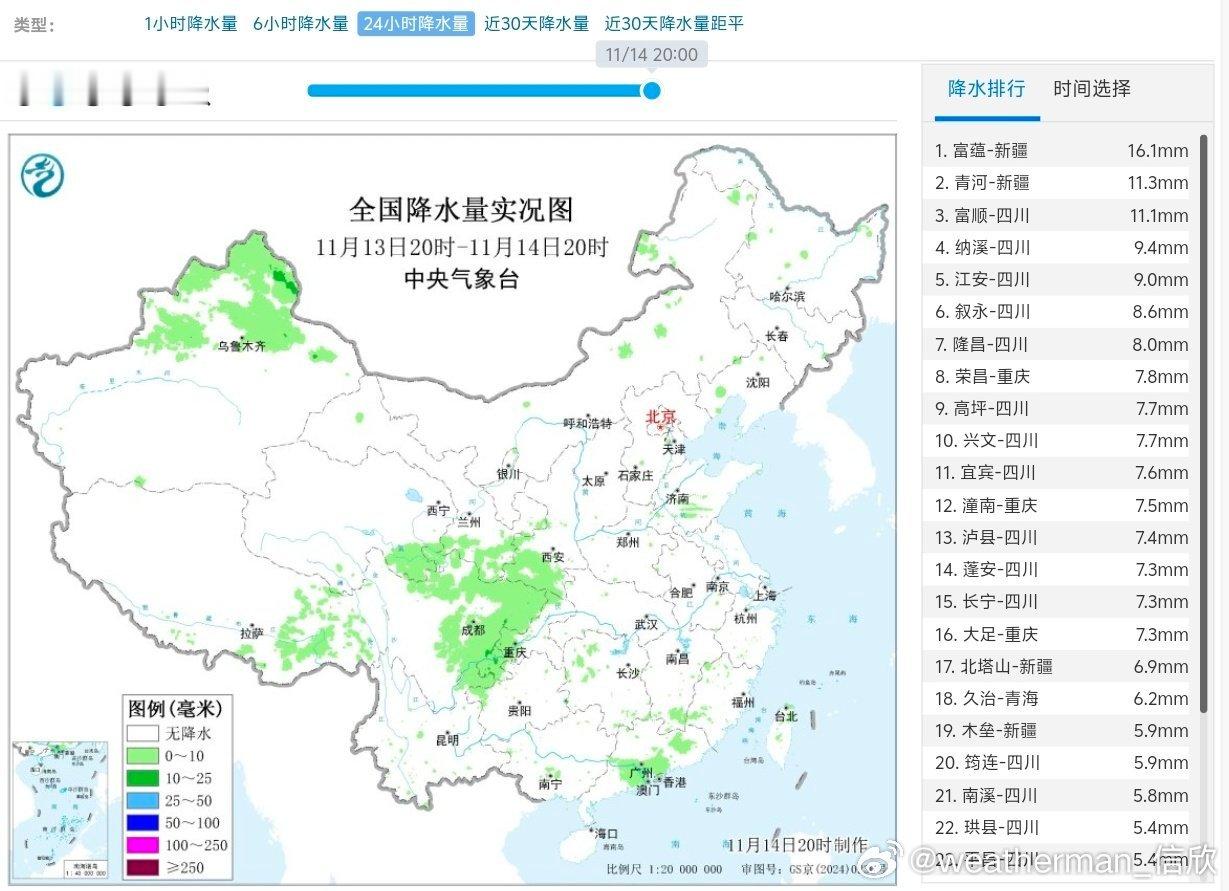 【降水】昨晚到今天，我国雨雪不多，降雨主要在四川重庆，降雪主要在新疆北部。未来2