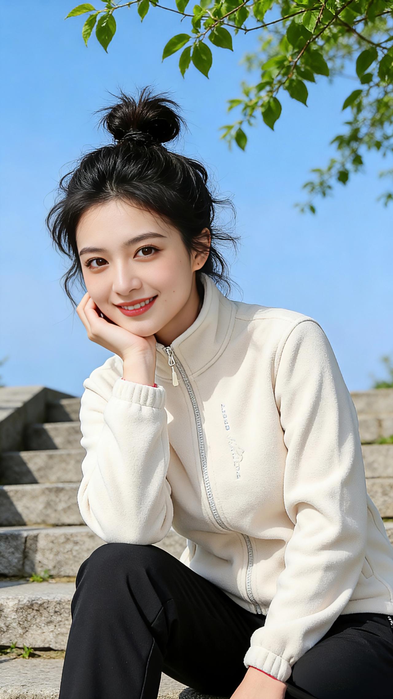 石阶向上，把风的脚步引向更蓝的天。
 
她把黑发挽成蓬松的丸子头，碎发在风里轻晃