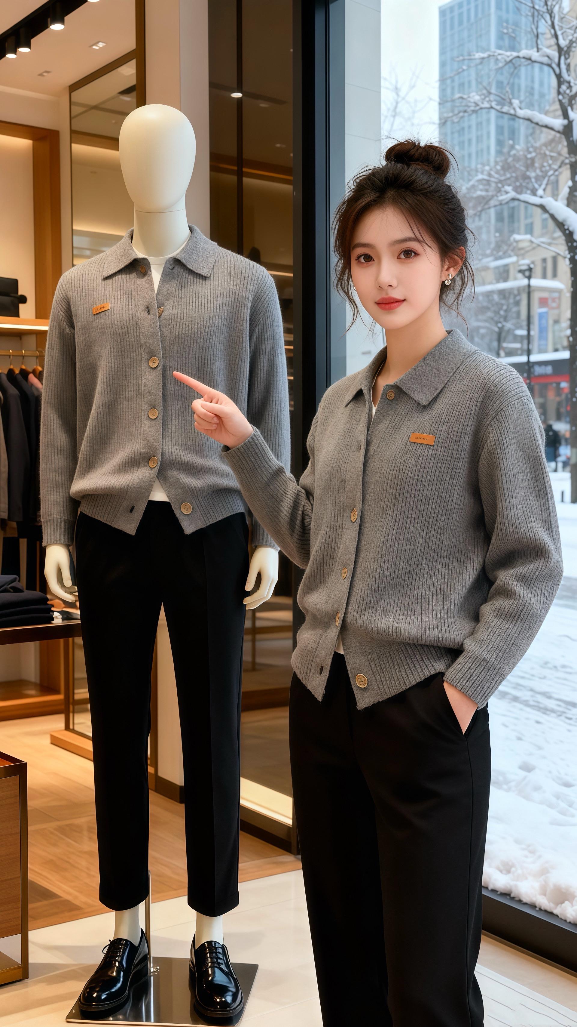 雪落满街的午后，许妍裹着浅灰针织开衫倚在男装店窗边，指尖捏着本时尚杂志...