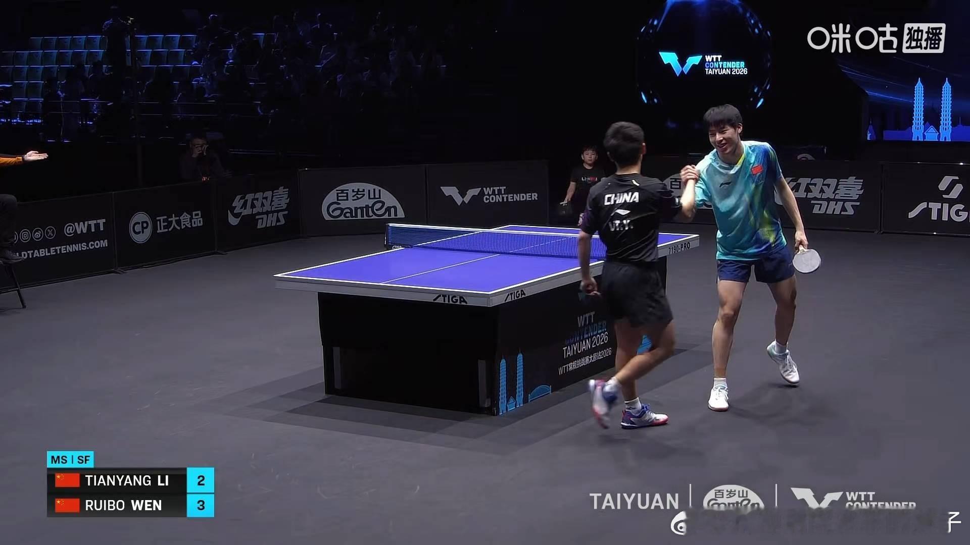 温瑞博3比2李天阳（8，-6，12，-8，6）晋级2026WTT太原常规挑战赛男