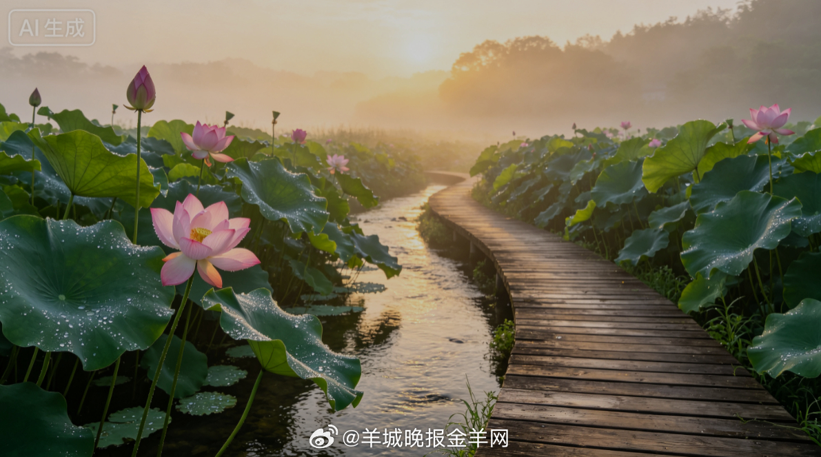 #早安# 拂晓的微风褪去闷热，浅溪两旁荷叶层层舒展，粉荷缀着晶莹晨露。沿着临水步