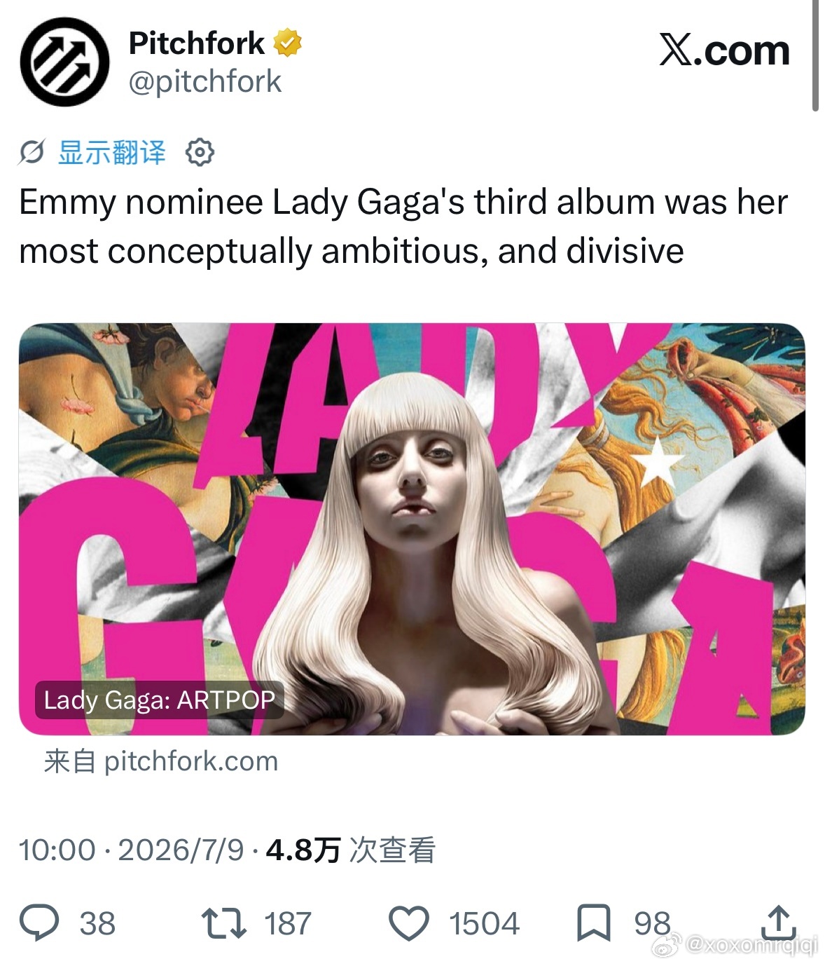 Pitchfork发文鞭尸Lady Gaga昔日旧作《ARTPOP》：“艾美奖提