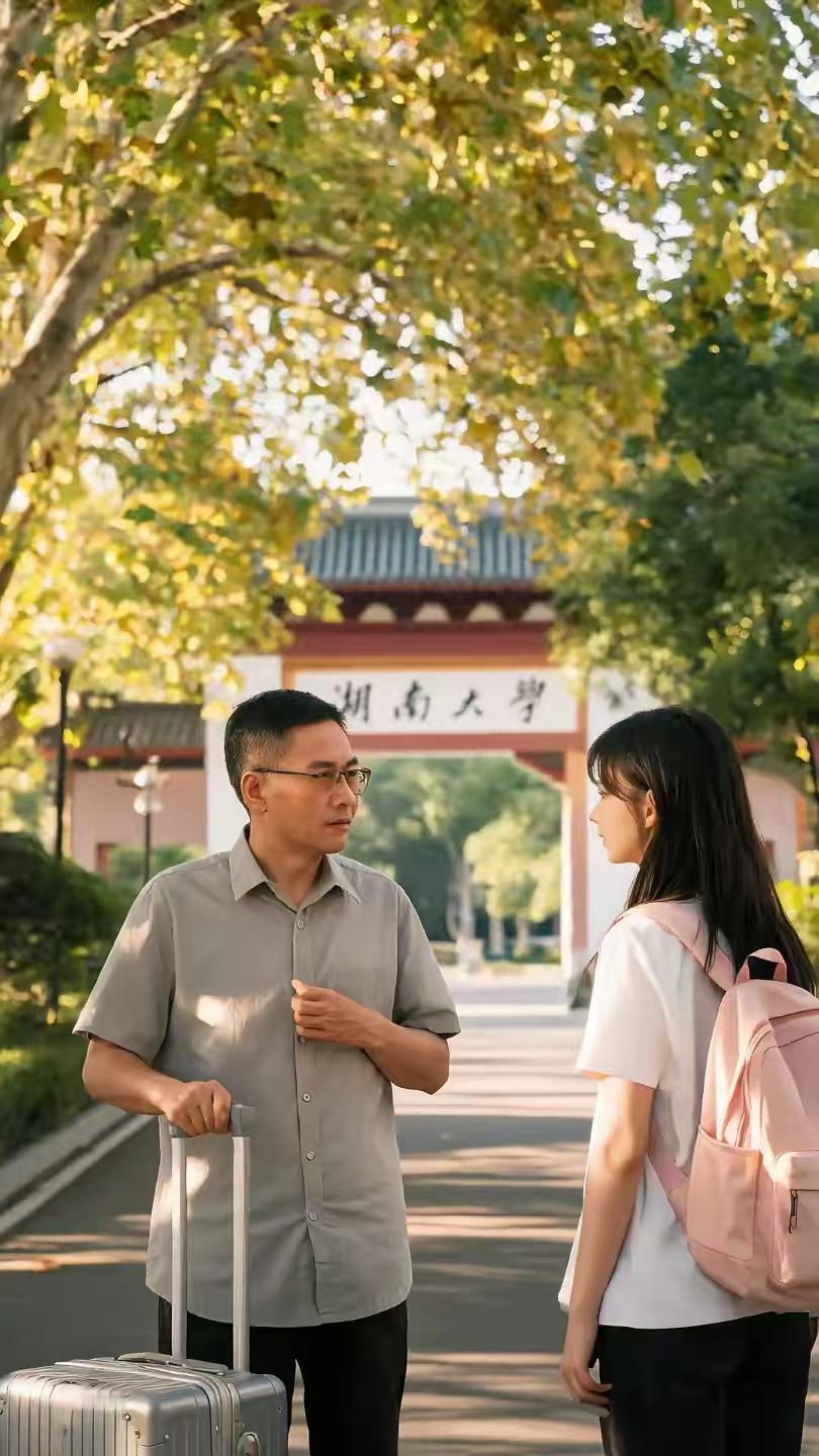广西柳州一位从未上过大学的父亲，专程送独生女到湖南大学报到。看着气派的大学校园，
