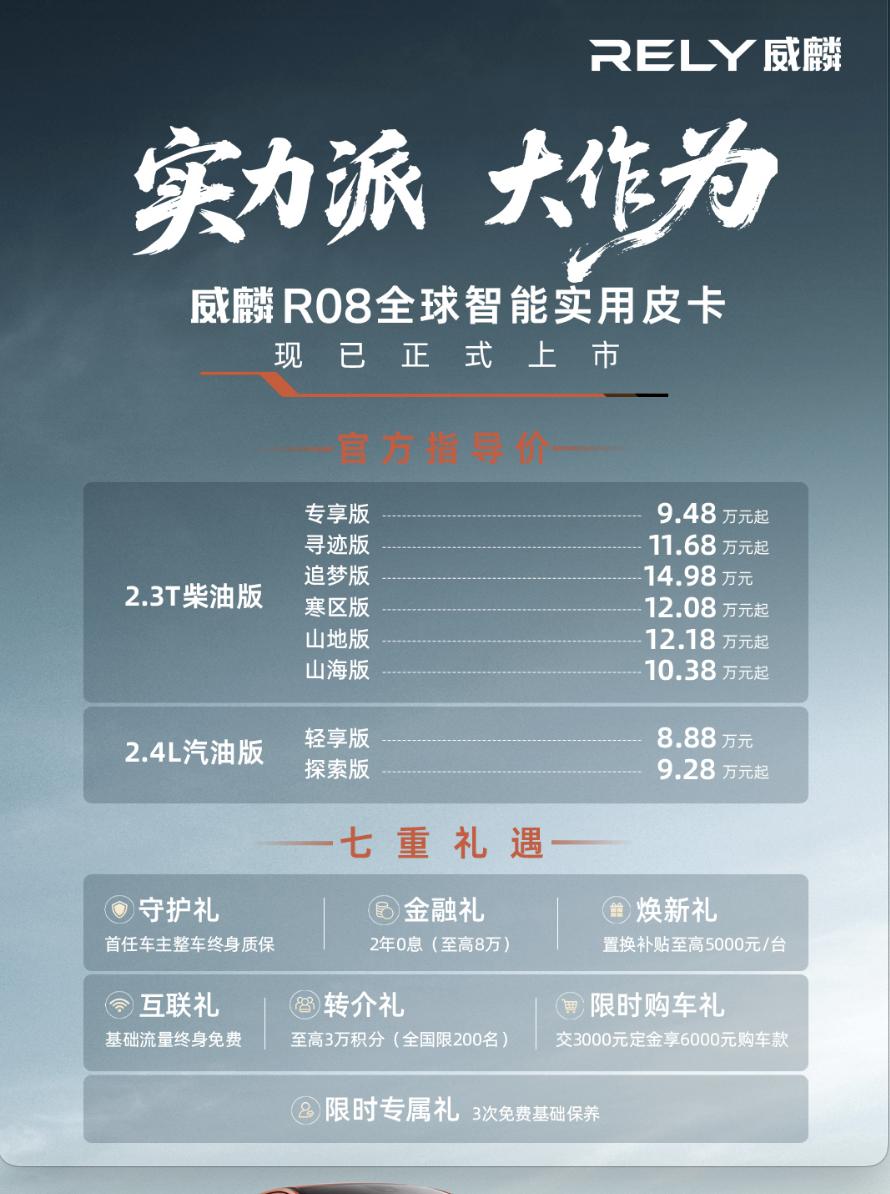 奇瑞RELY威麟R08上市，售价8.88万元-14.98万元。汽油版车型搭载2.