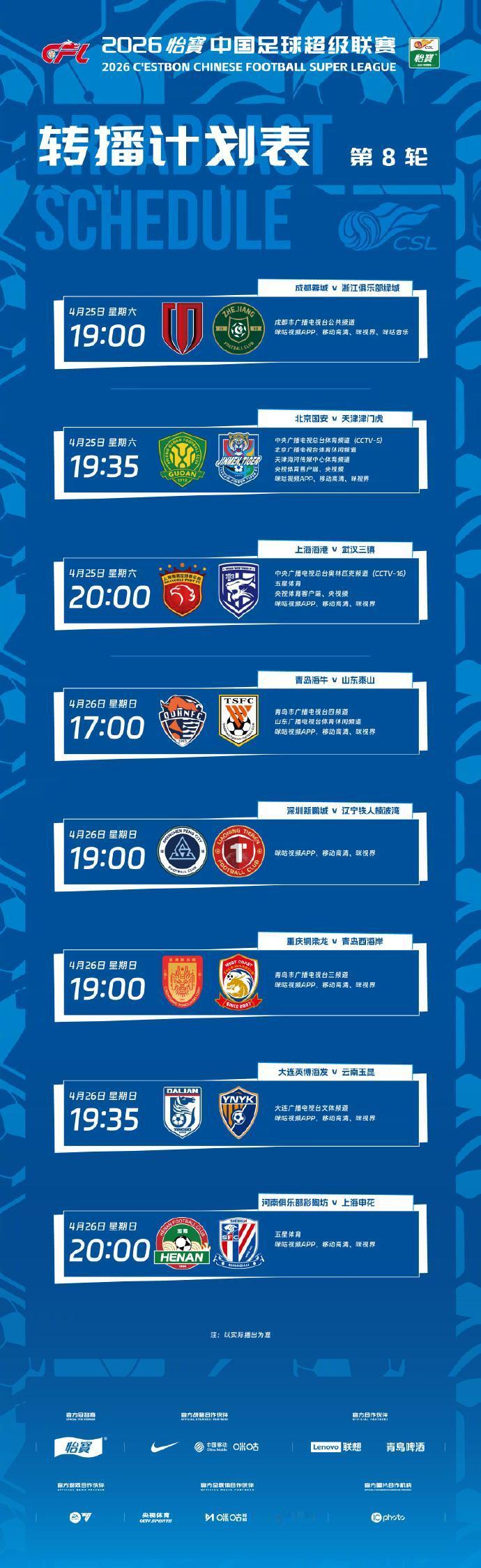 中超第8轮明日开赛！

中超第8轮4月25日开赛，先赛3场，26日5场！
在本轮