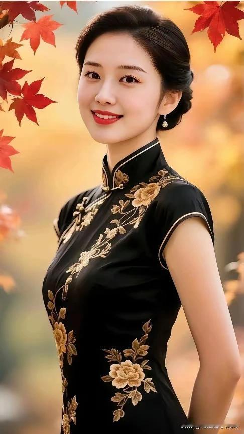 旗袍雅致衬娇容
黑底牡丹显风情。
嫣然一笑百媚生，
眸若秋水映繁星。