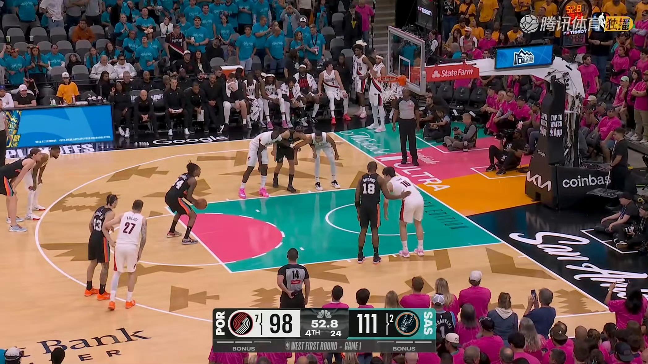 NBA季后赛首轮，马刺111-98轻取开拓者，文班亚马35分统治攻防，杨瀚森末节