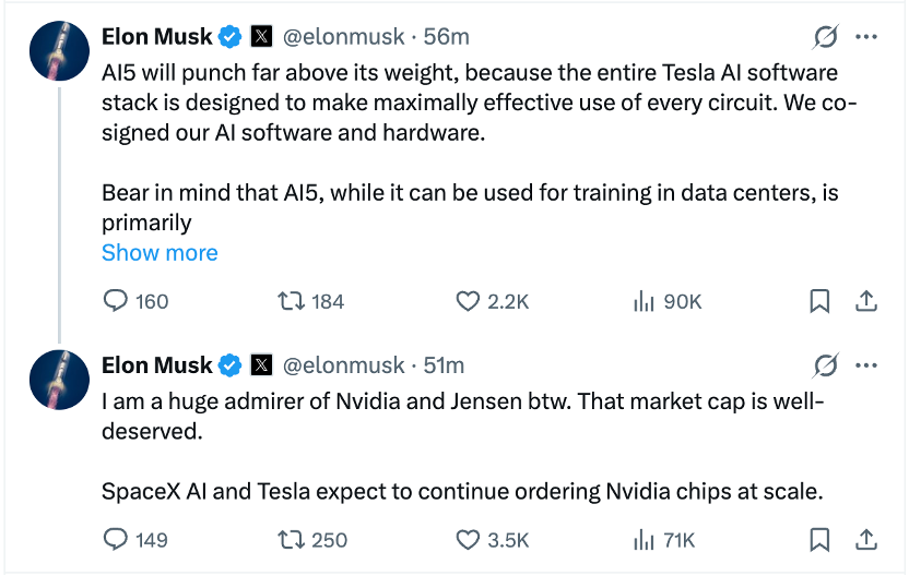 马斯克自称英伟达和黄仁勋“铁粉”：将继续大规模订购英伟达芯片