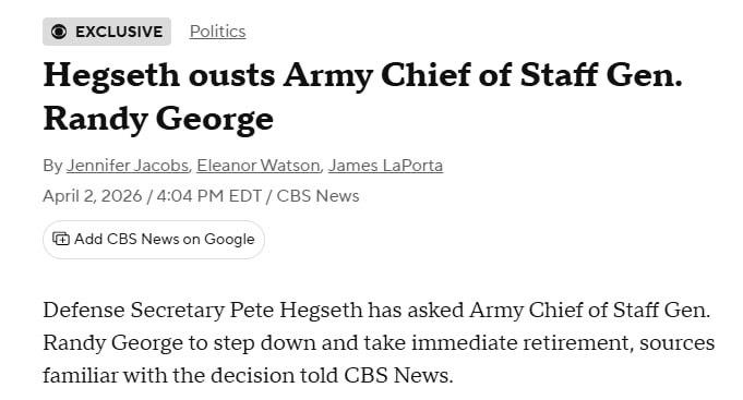 据CBS News独家爆料，美国国防部长皮特·赫格塞斯已下令，要求美国陆军参谋长