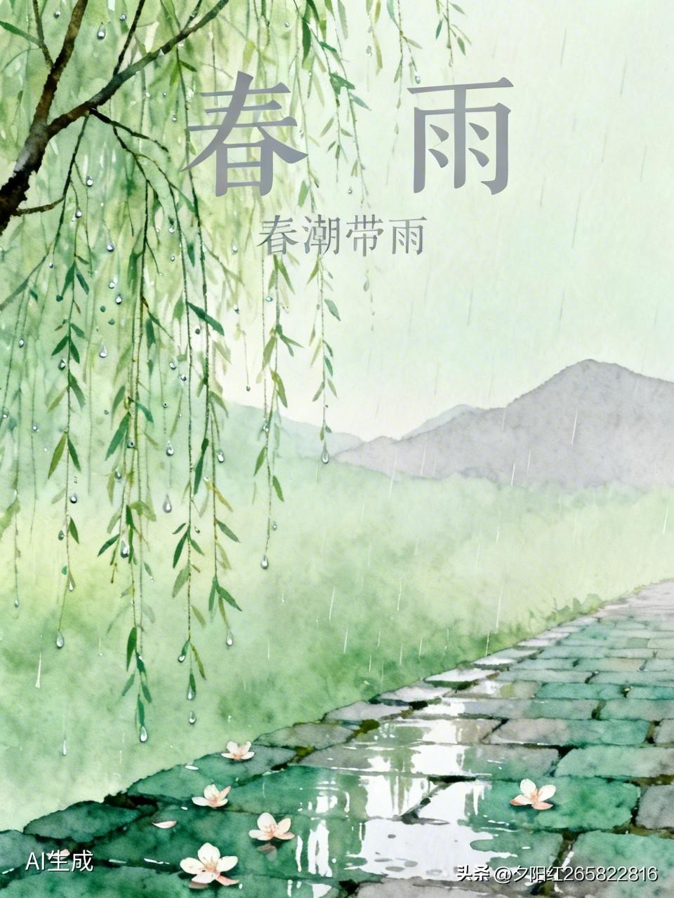 《春雨》
春天小雨润如酥，
草色遥看近却无。
小楼一夜听春雨，
滴滴答答下不停。