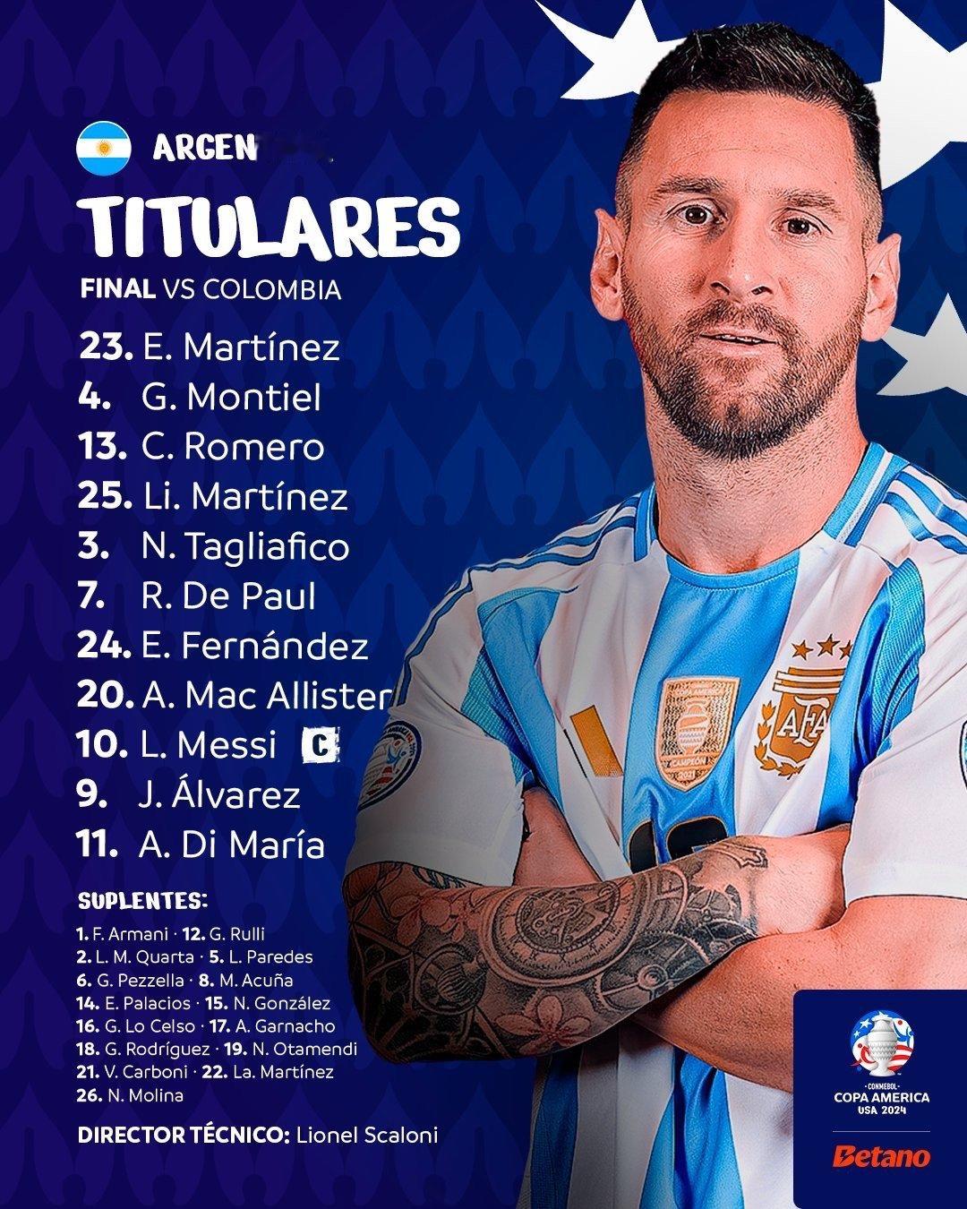 【阿根廷冲冲冲🇦🇷】美洲杯决赛阿根廷vs哥伦比亚首发出炉！梅西领衔！门将：2