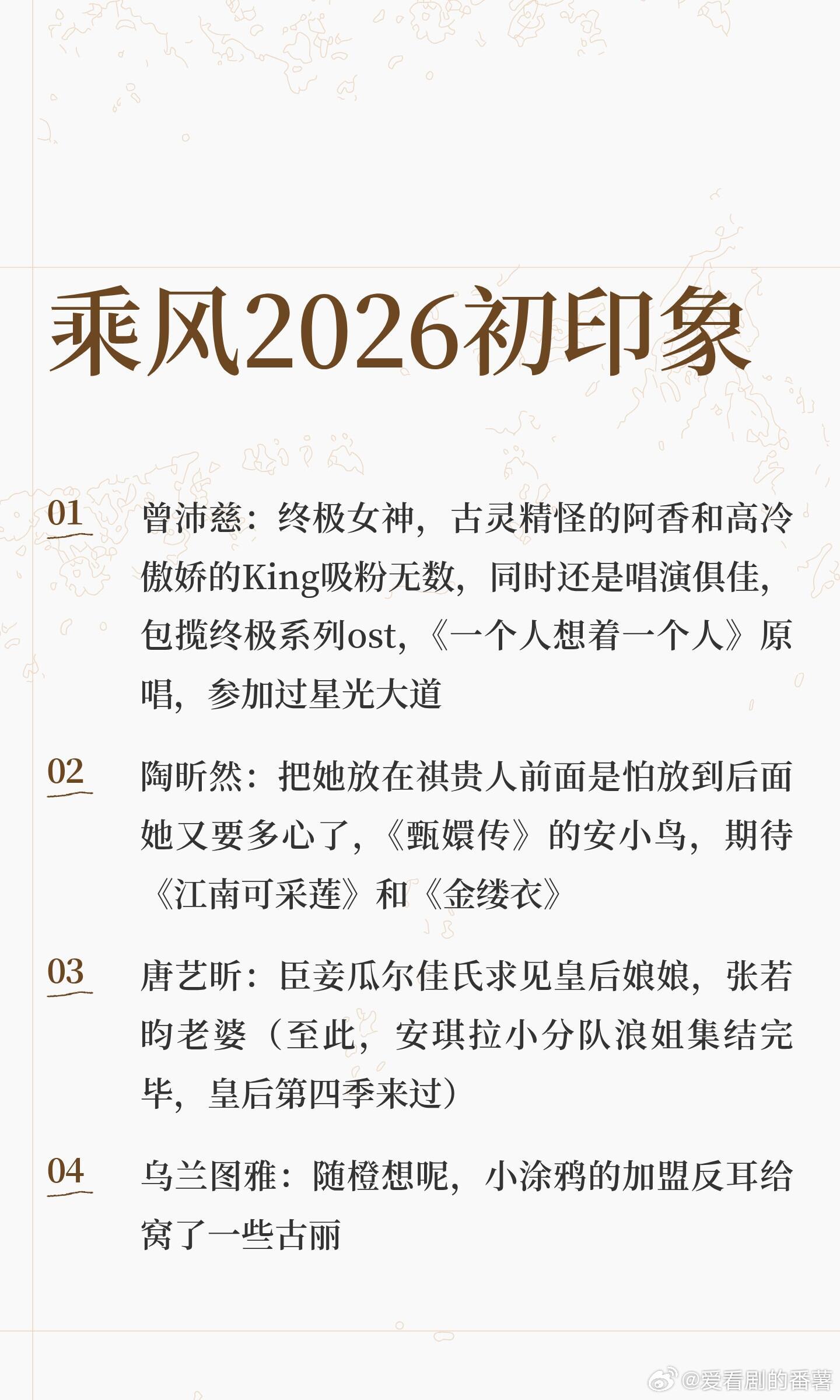乘风2026初印象曾沛慈、陶昕然、唐艺昕、乌兰图雅、陈瑶、孙怡、者来女、阚清子、