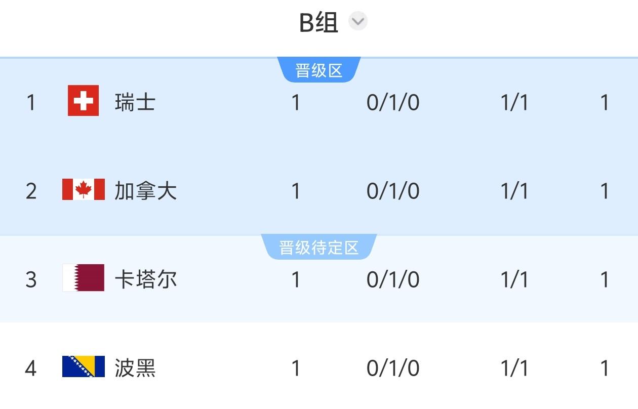 世界杯B组积分榜：两场1-1战平，瑞士 加拿大 卡塔尔 波黑均积1分
06月14