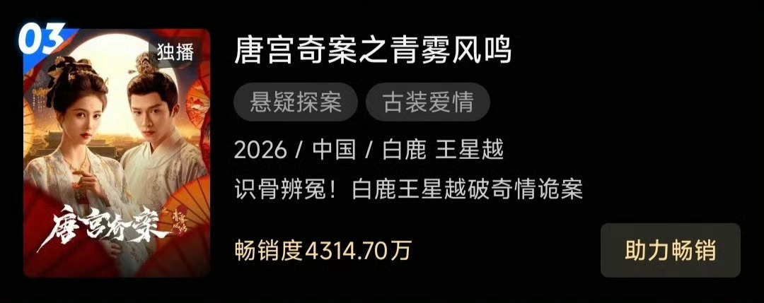 白鹿唐宫奇案长尾白鹿 白鹿年初播的唐宫奇案优酷拉新年榜已经杀到第三了，看来最近又