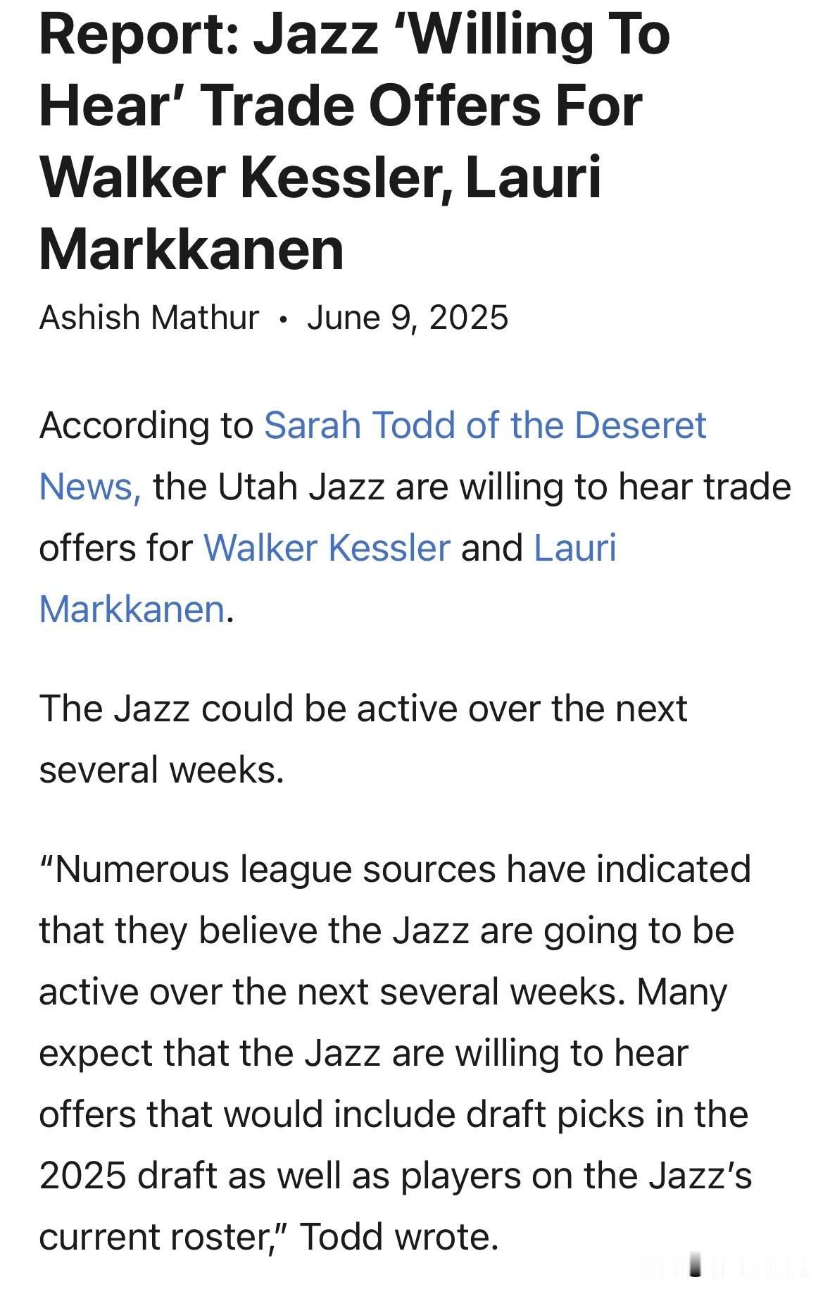 抢人了！！爵士愿意听取凯斯勒和马尔卡宁的报价！

根据犹他记者Sarah Tod