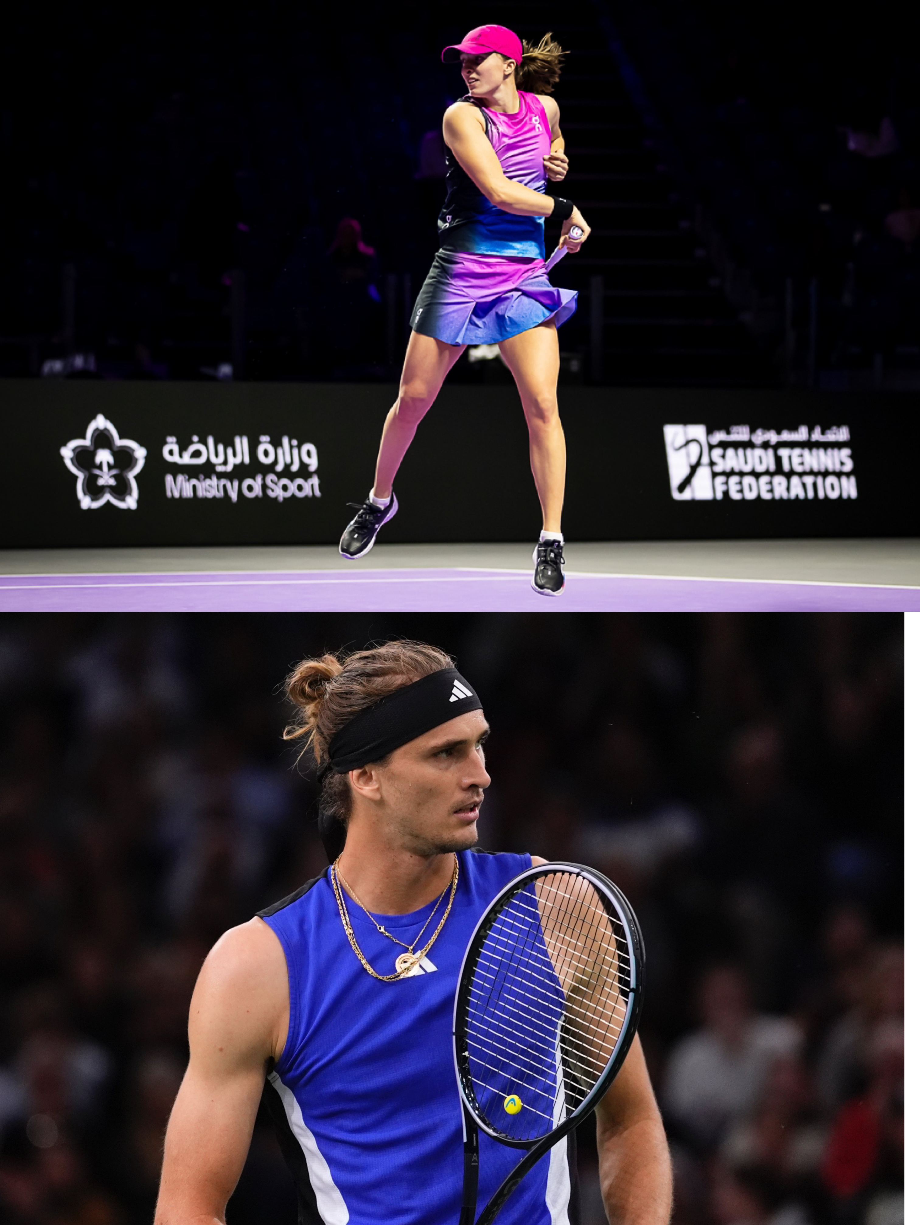 双屏在看斯瓦泰克vs克雷吉茨科娃和安贝尔vs兹维列夫。斯瓦泰克本场是与费赛特合作