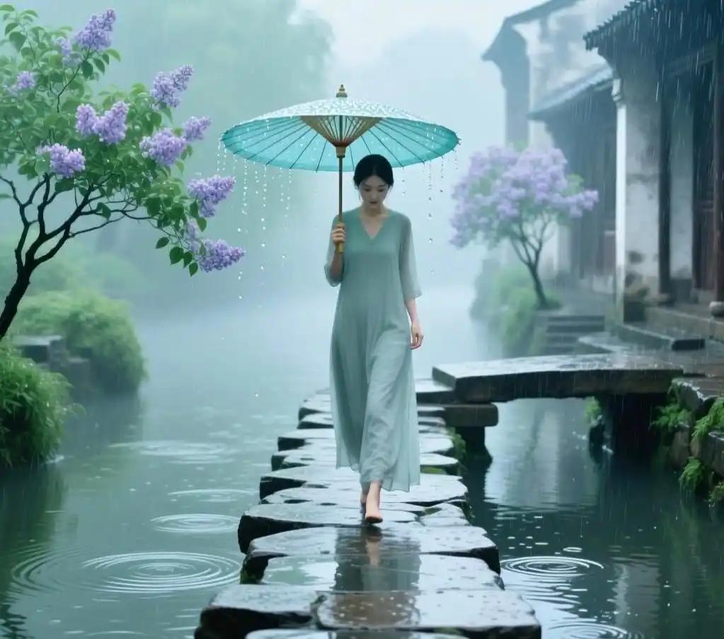江南小镇的雨
总是这样轻轻的
从容地飘落下来
不急不躁，
好像专为等一个人的到来