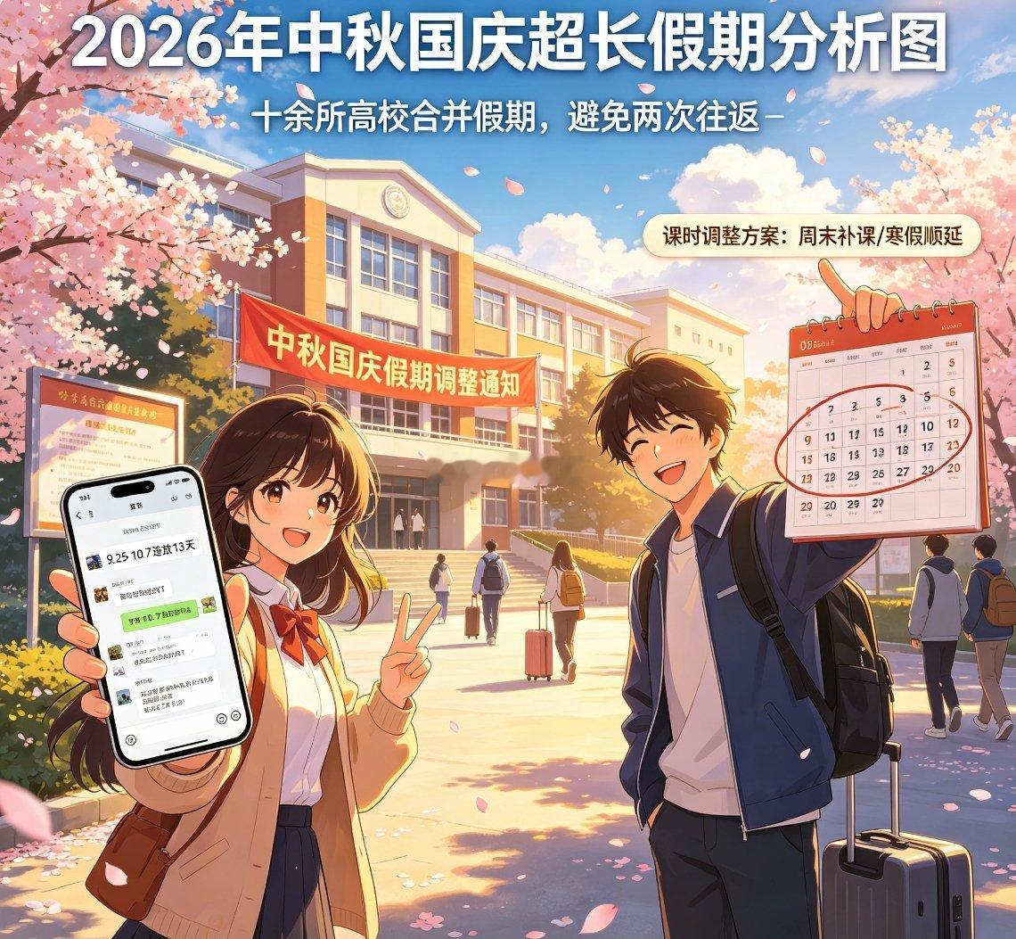 多所高校拼出中秋国庆13天长假今年中秋和国庆中间就隔3个工作日，可把不少外地学生