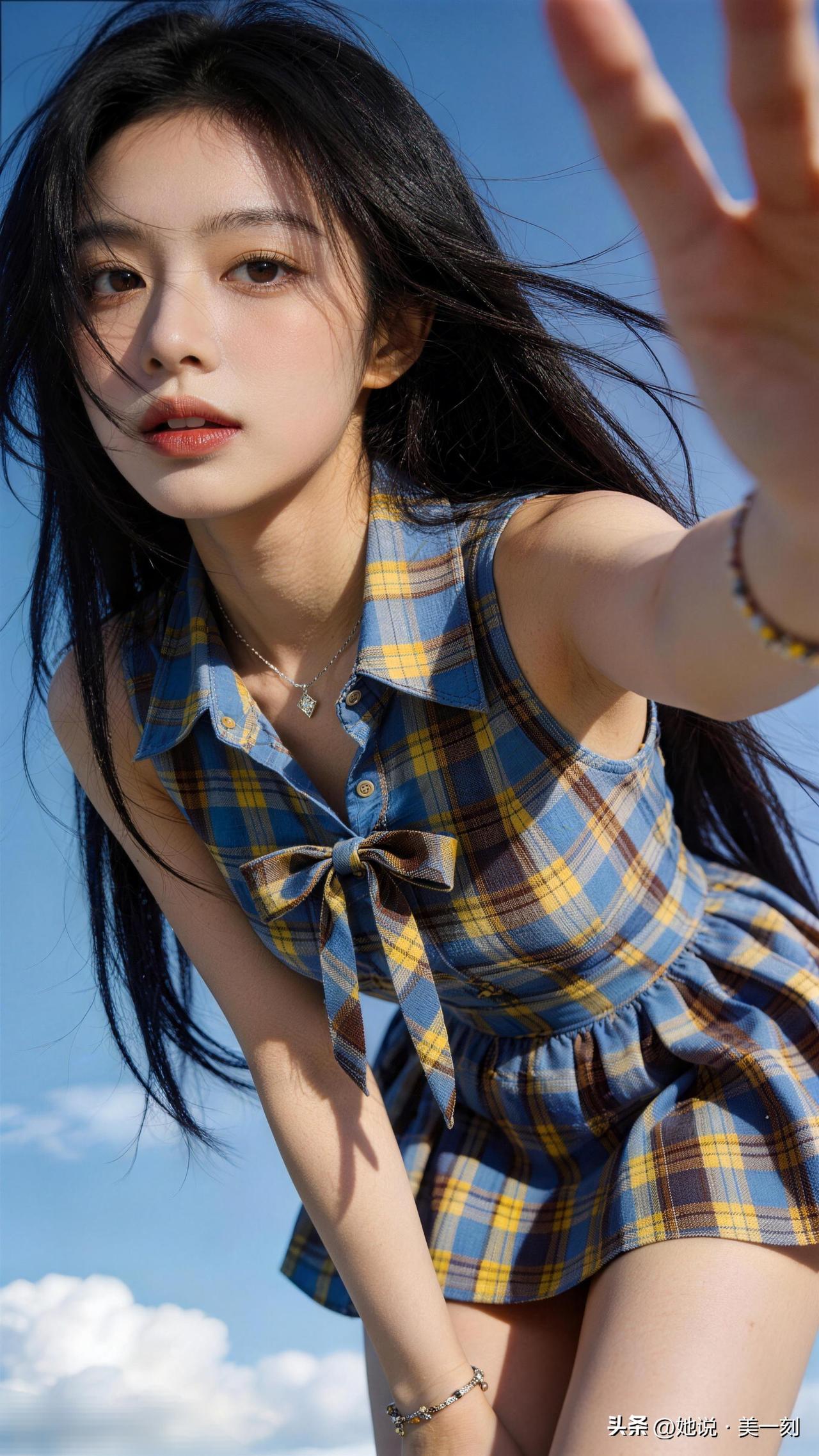 阳光下的少女，蓝黄格子裙，甜美可爱，快来点赞吧！🌞👗💕