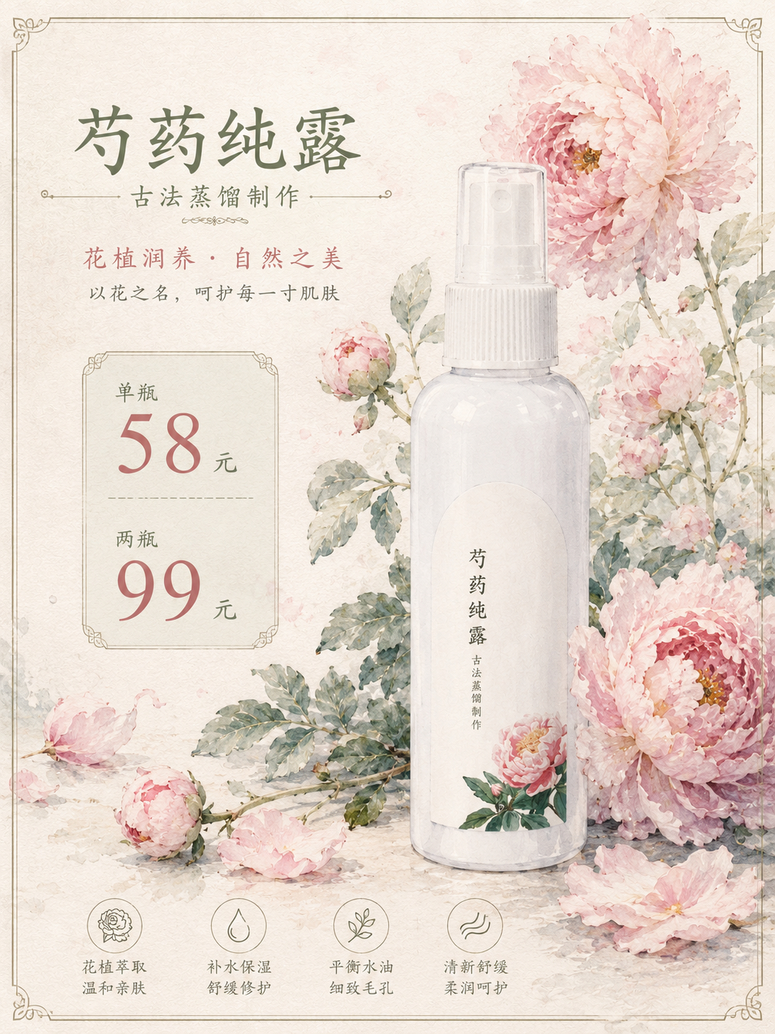 四款植物护肤上新，好友专享 8 折。芍药纯露清润舒缓，大马士革玫瑰乳液柔润保湿，