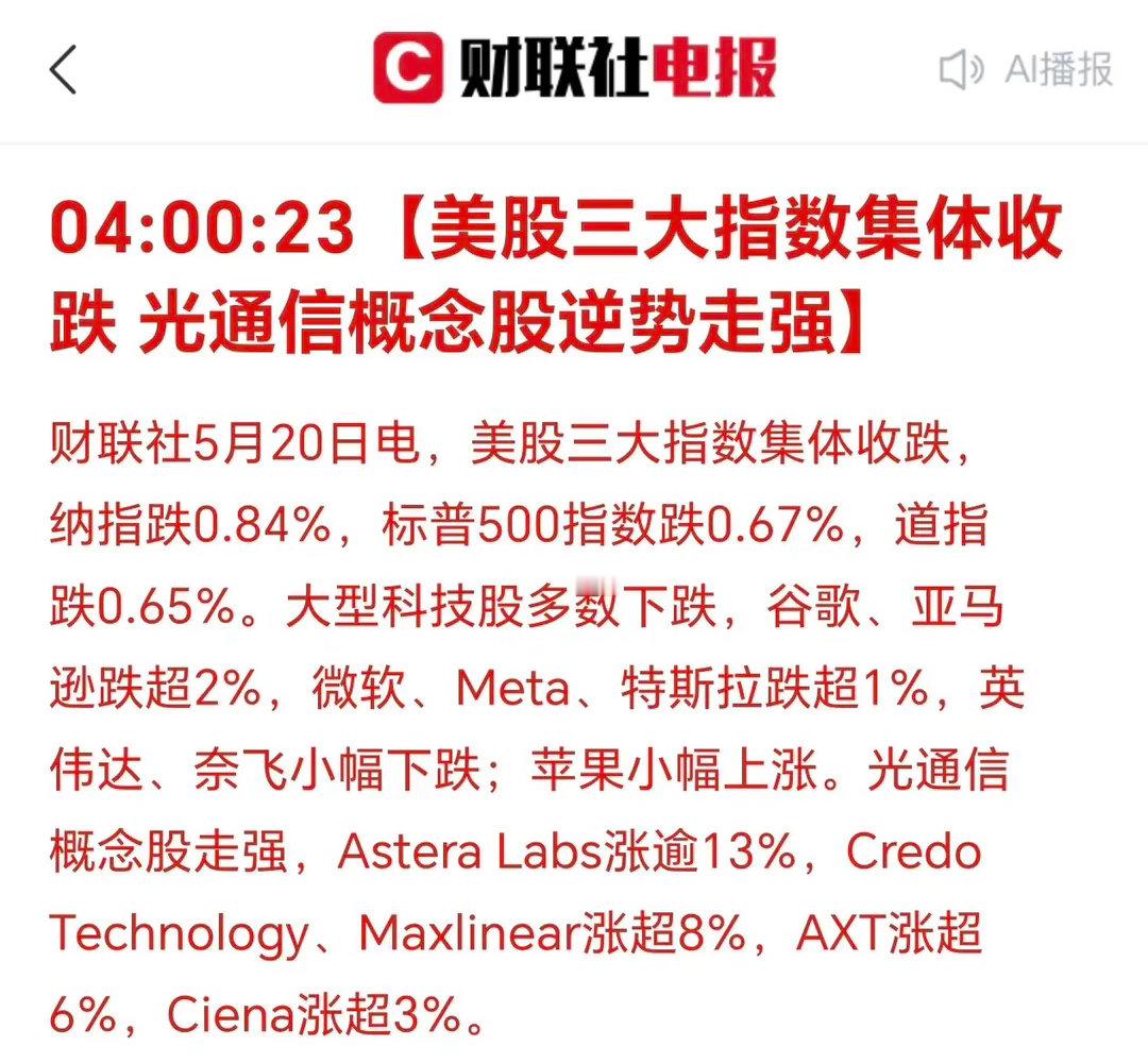 清晨5点50分，刚刚被消息震醒：美国三大股指集体下跌！科技股里面的光通信，依然强