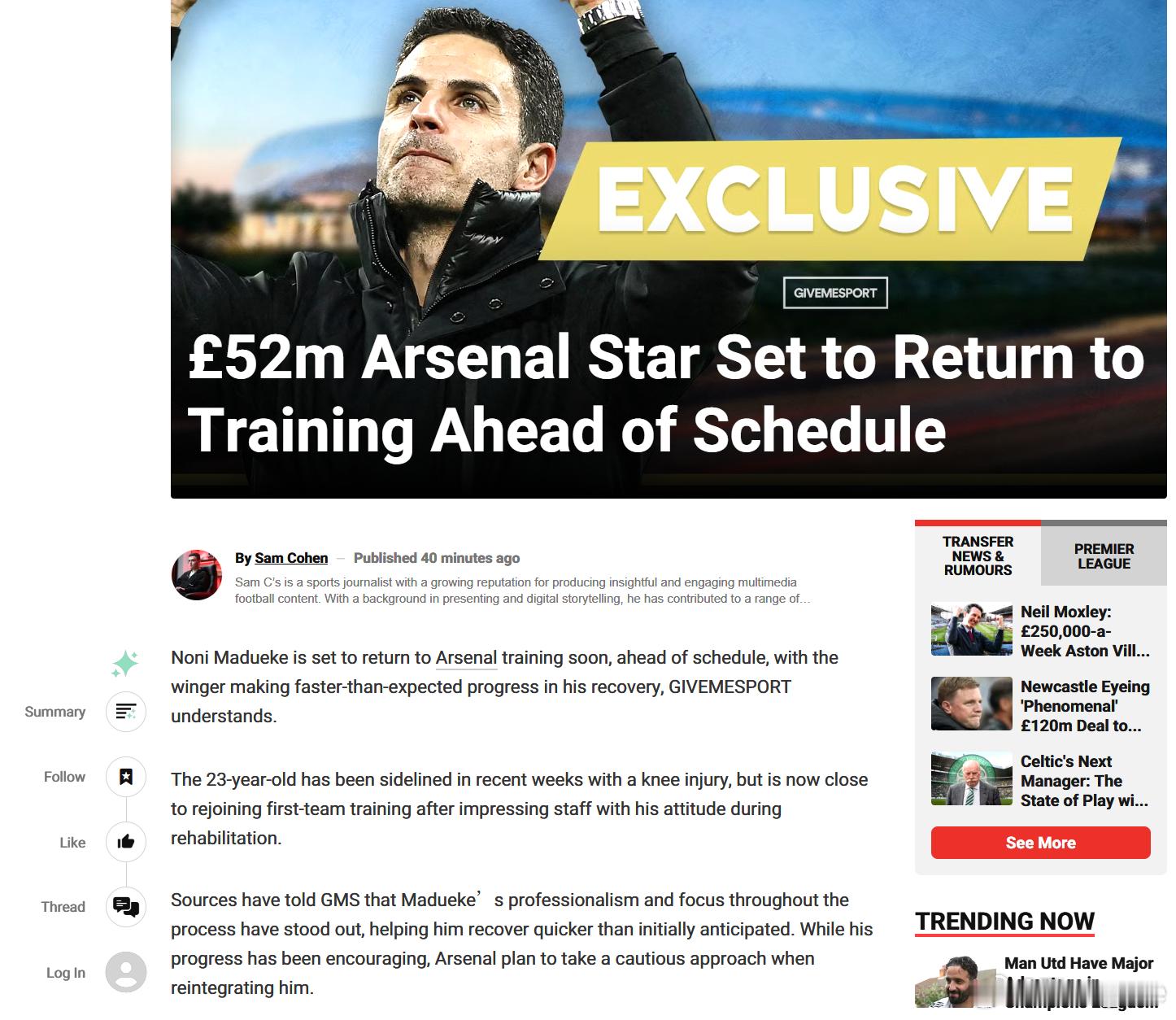 Sam_C：马杜埃凯恢复进度好于预期，预计将提前归队。 ​​​