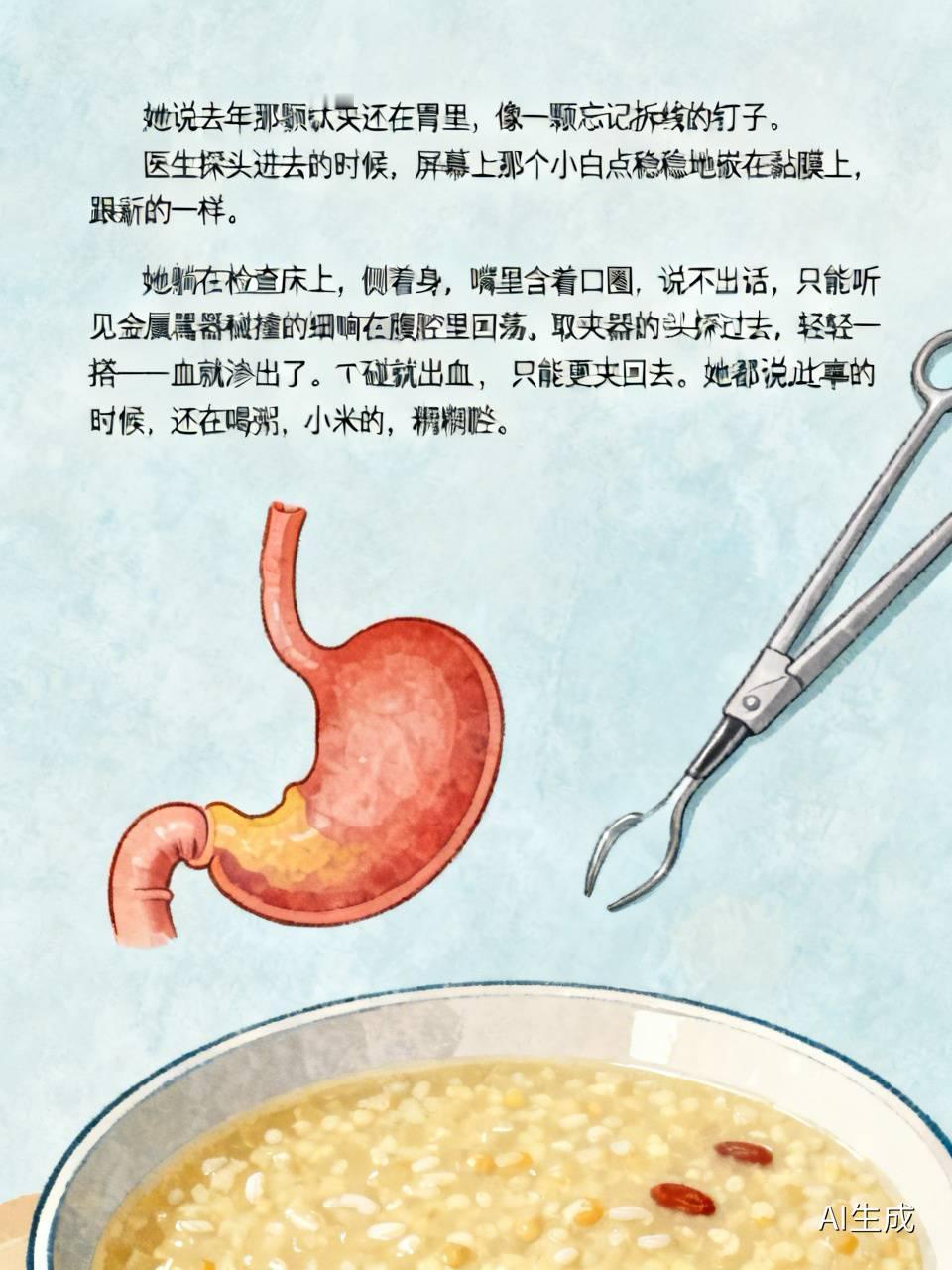 她说去年那颗钛夹还在胃里，像一颗忘记拆线的钉子。

医生探头进去的时候，屏幕上那