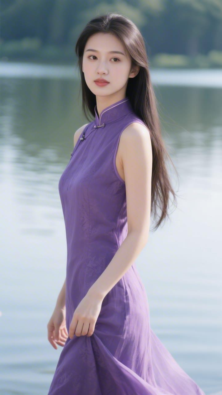 优雅紫色长裙，湖畔的清新少女