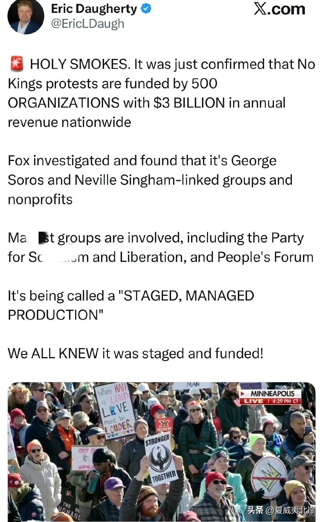 🇺🇸 我的天。刚刚证实，No Kings抗议活动由全国500个组织资助，这些