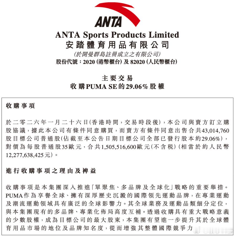 【安踏体育收购彪马公司29.06%股权】安踏体育：以15亿欧元收购彪马公司（PU