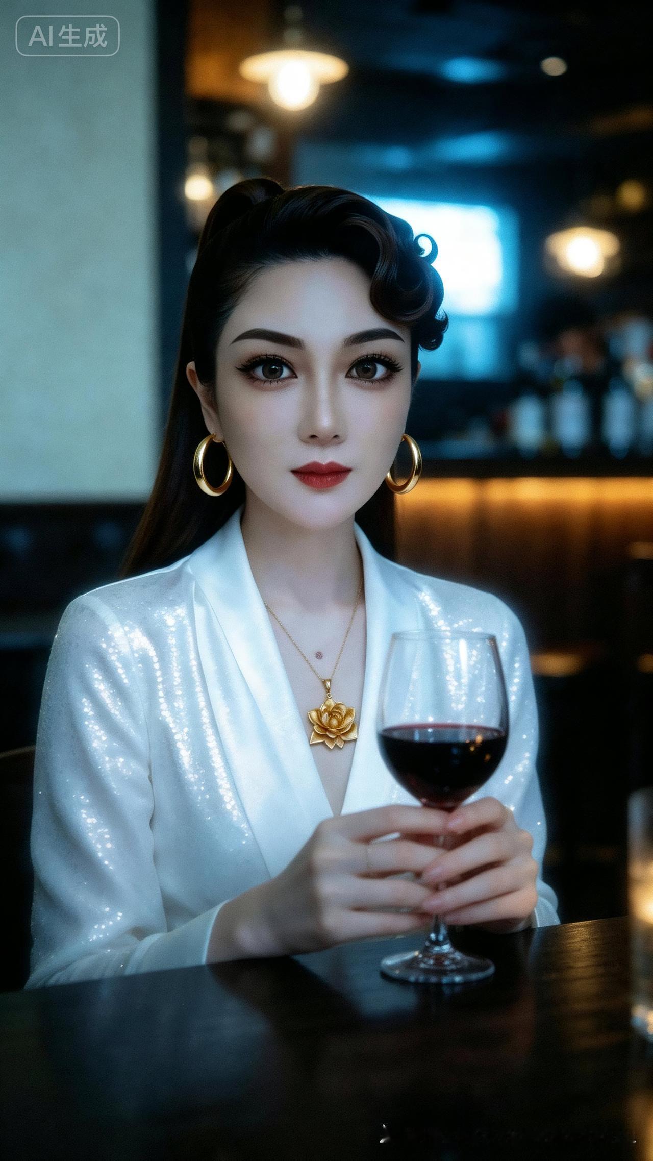 酒吧内长发女子手捧红酒。侧光勾勒轮廓，冷暖撞色带胶片颗粒，浅景深虚化背景，柔光软