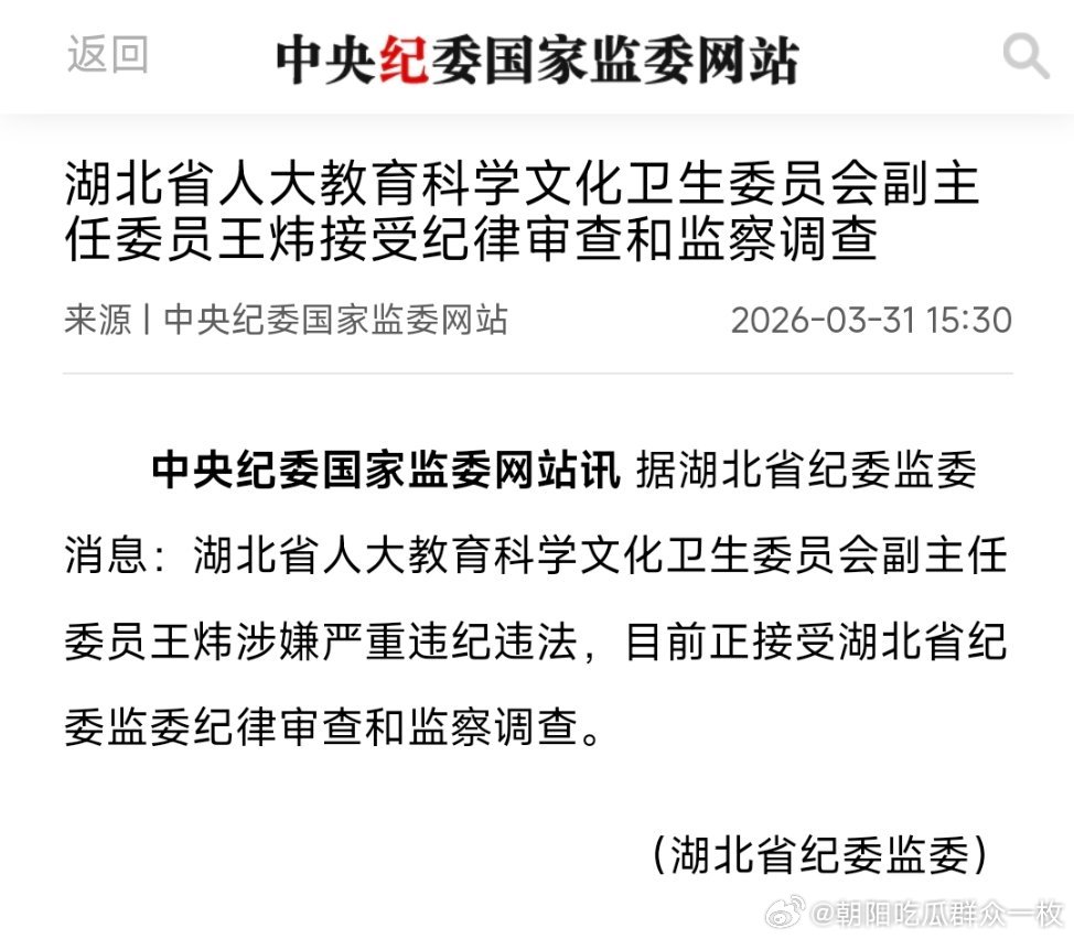 湖北省人大教育科学文化卫生委员会副主任委员王炜接受纪律审查和监察调查。 