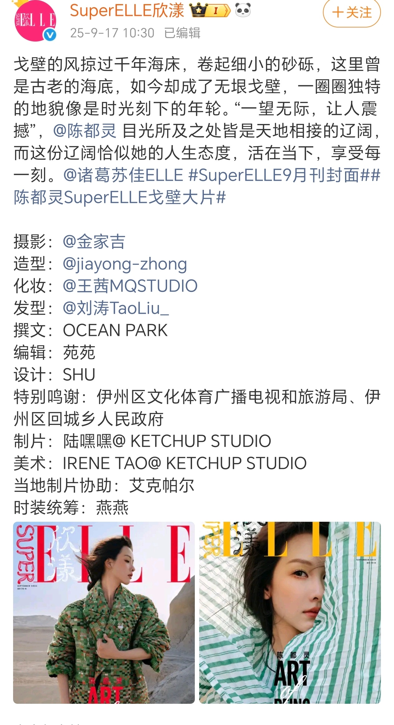 陈都灵superelle9月刊封面来了！灵气十足的嘟嘟陈都灵SuperELLE戈