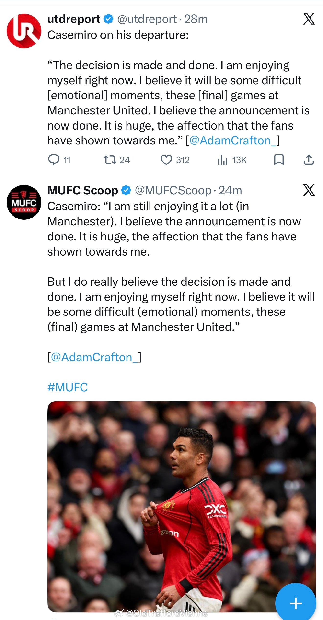 卡塞米罗回应赛季结束离开曼联和球迷挽留续约“已经宣布了离开的决定。现在享受属于自