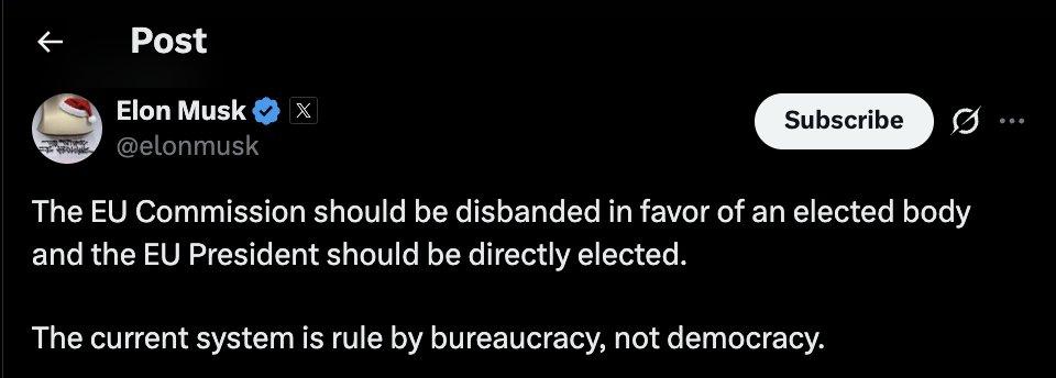 针对欧盟，埃隆·马斯克再次发文炮轰，他称欧盟委员会应予以解散，代之以一个由选举产