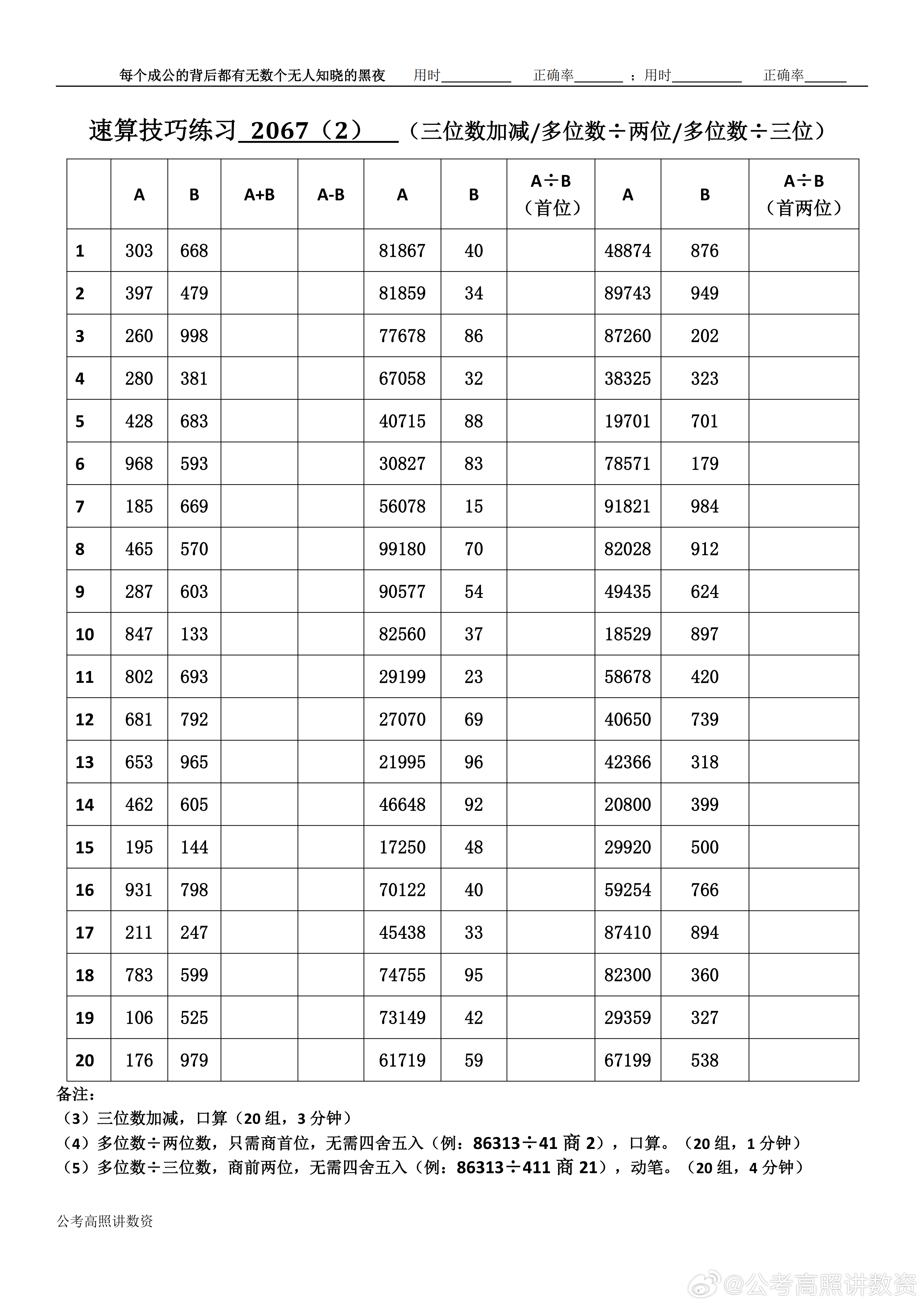 跟着高照练速算决战公考  速算练习2067相信自己，努力学习。速算链接汇总：网页