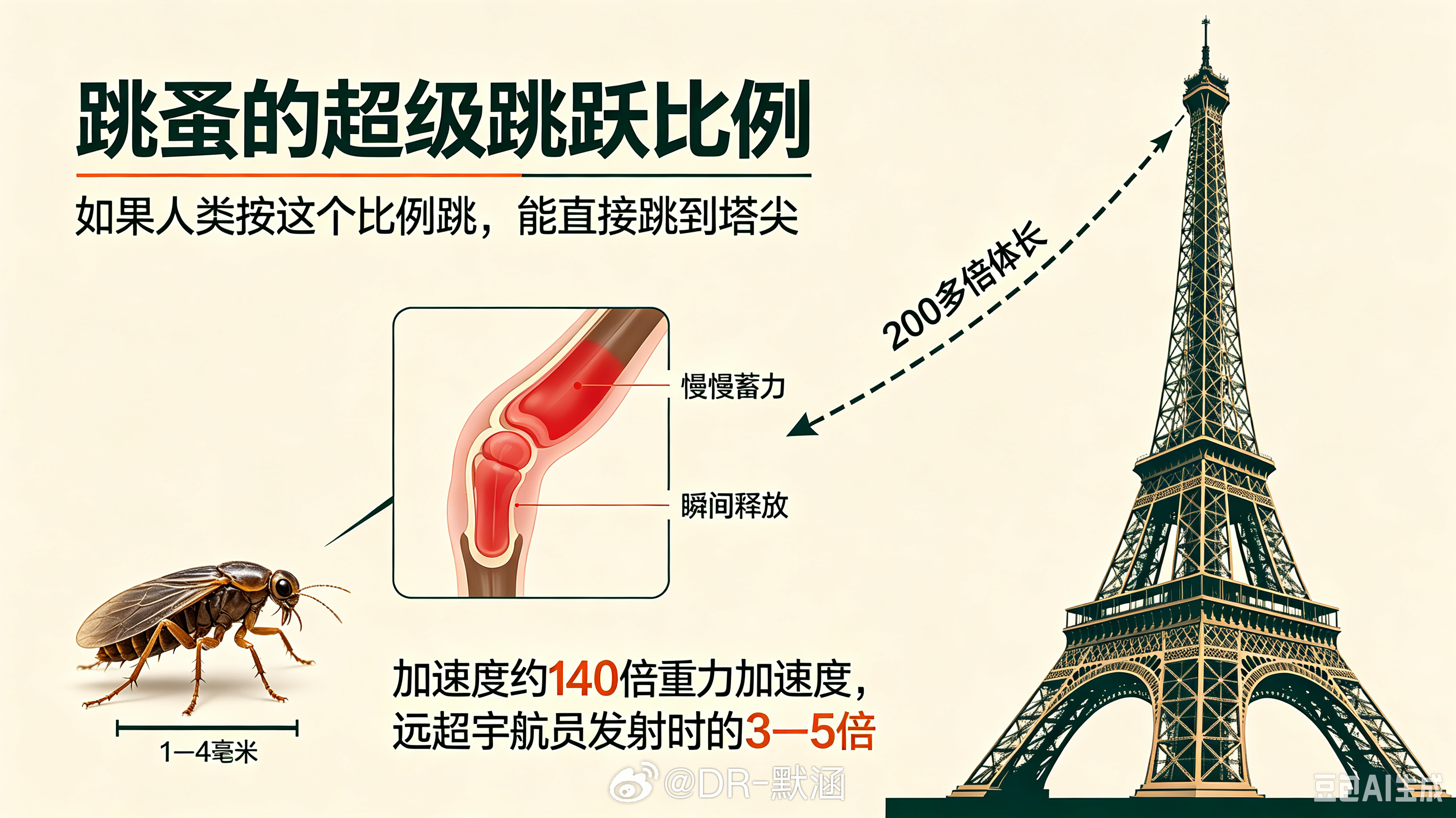 跳蚤只有1-4毫米，却能跳到自身高度200多倍，如果人有这个本事，相当于一跳就跳