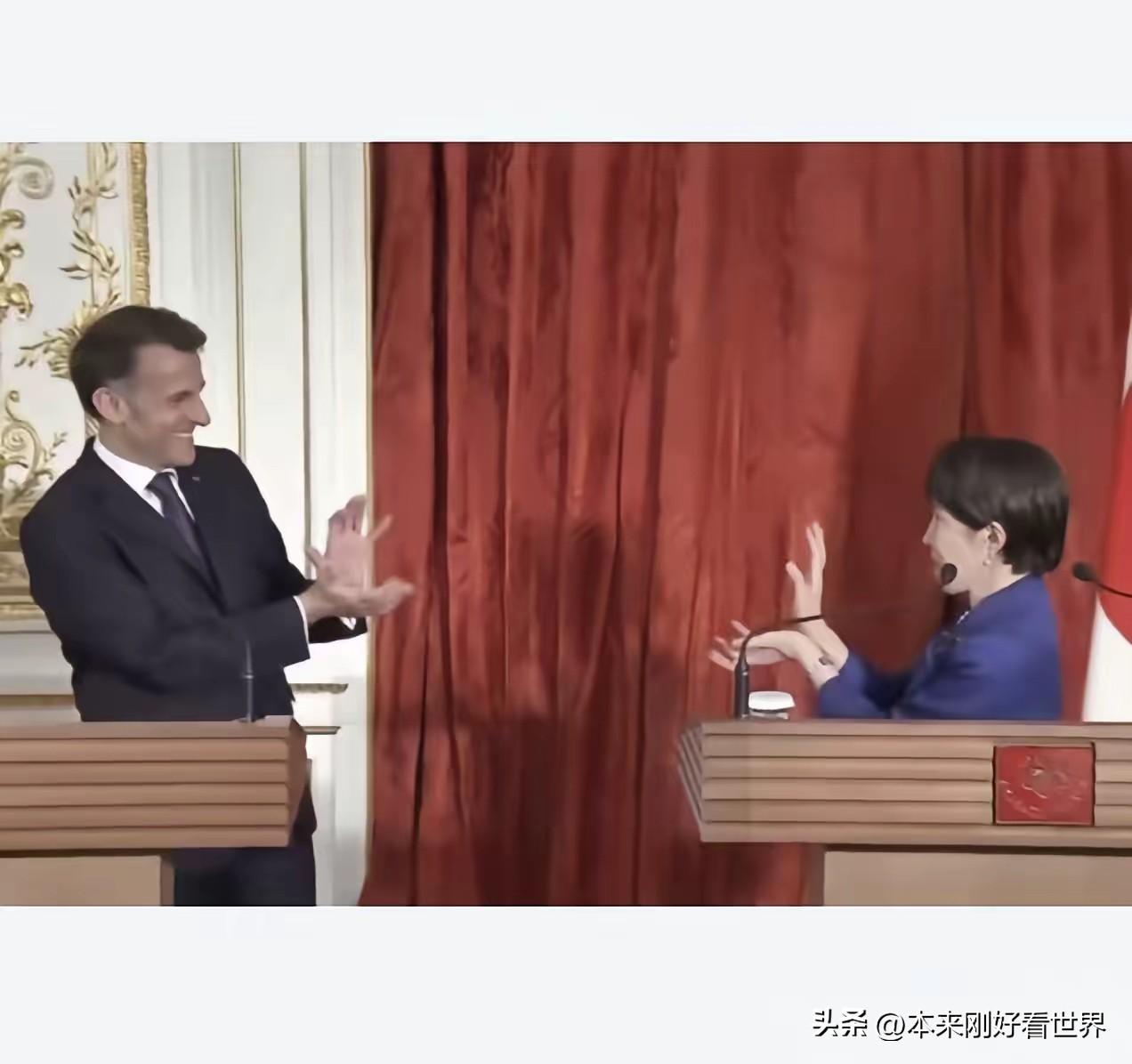 这表演动作挺“新颖”，也因此而迅速在网上走“红”：
4月1日，高市在与到访的马克